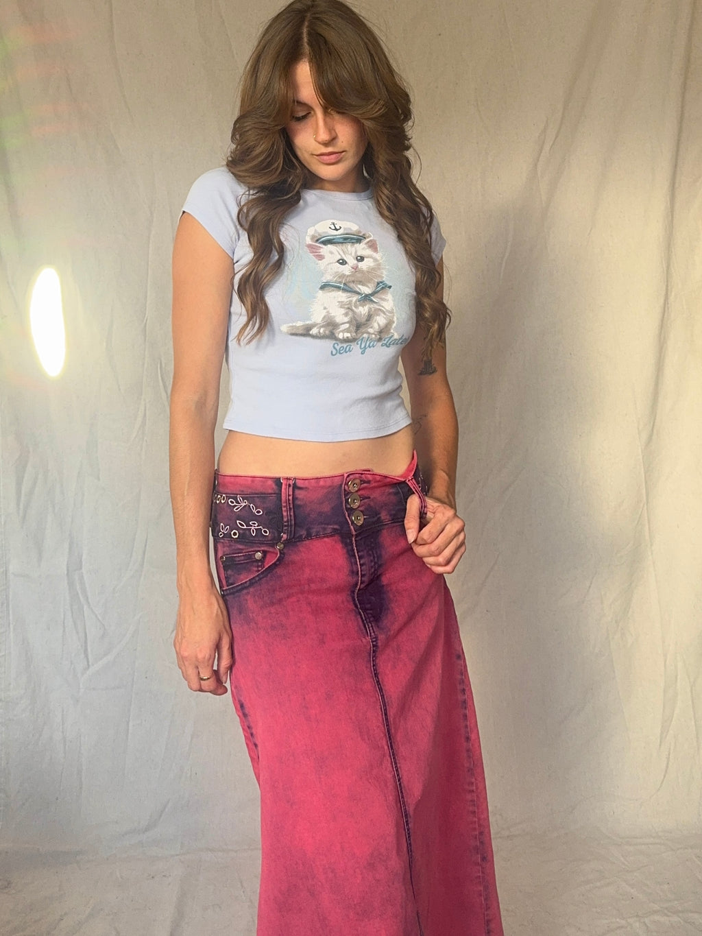 90s/Y2K Pink Whimsigoth Bleach Dye Embroidered Midi Skirt