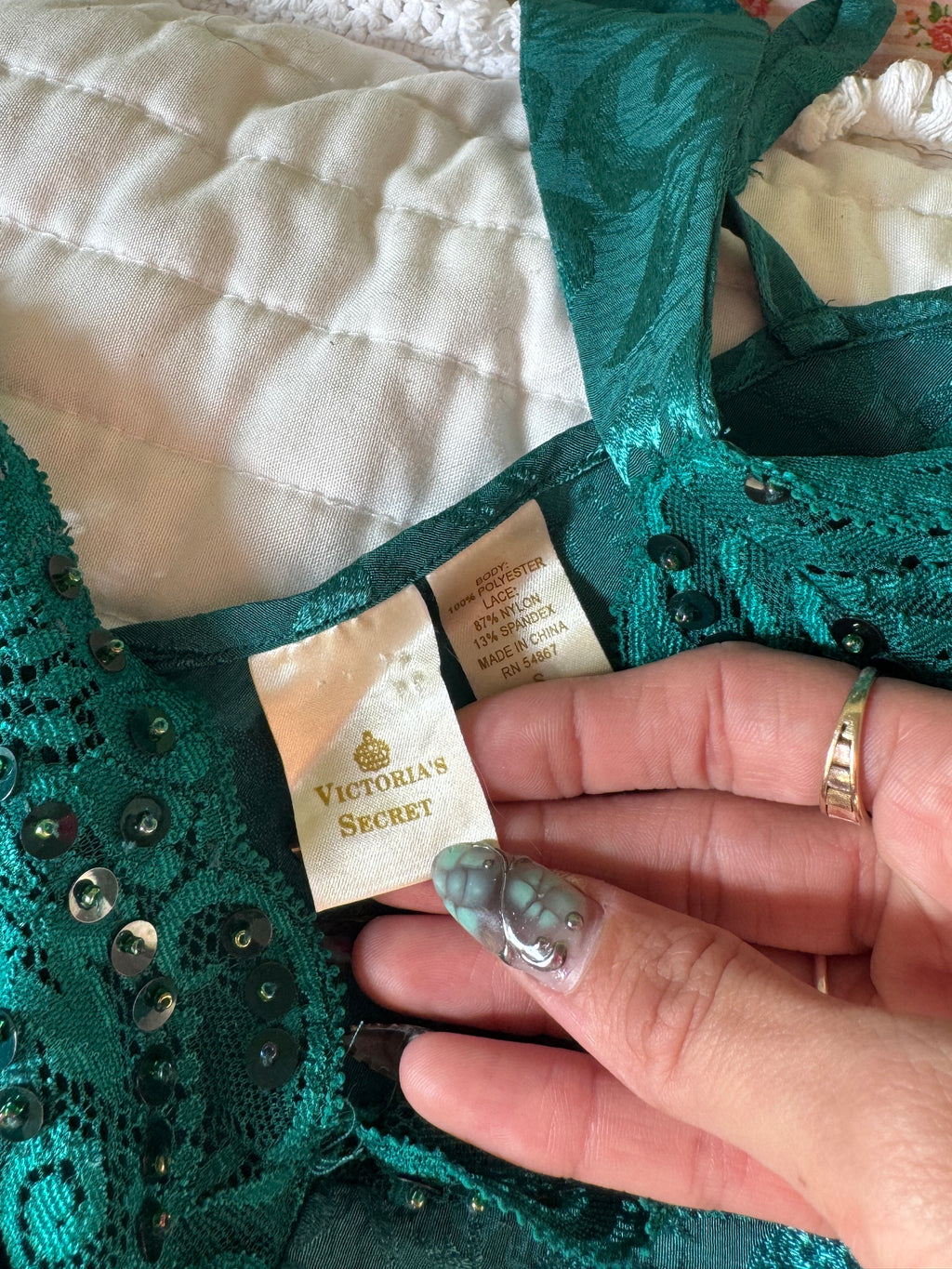80s Emerald Green Victoria’s Secret Jacquard Beaded Lace Mermaid Slip Dress