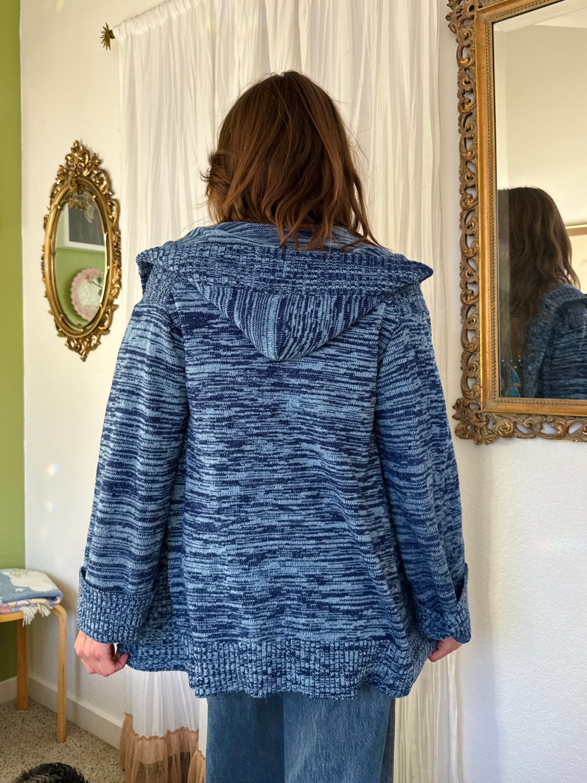 70s Blue Space Dye Hooded Toggle Sweater
