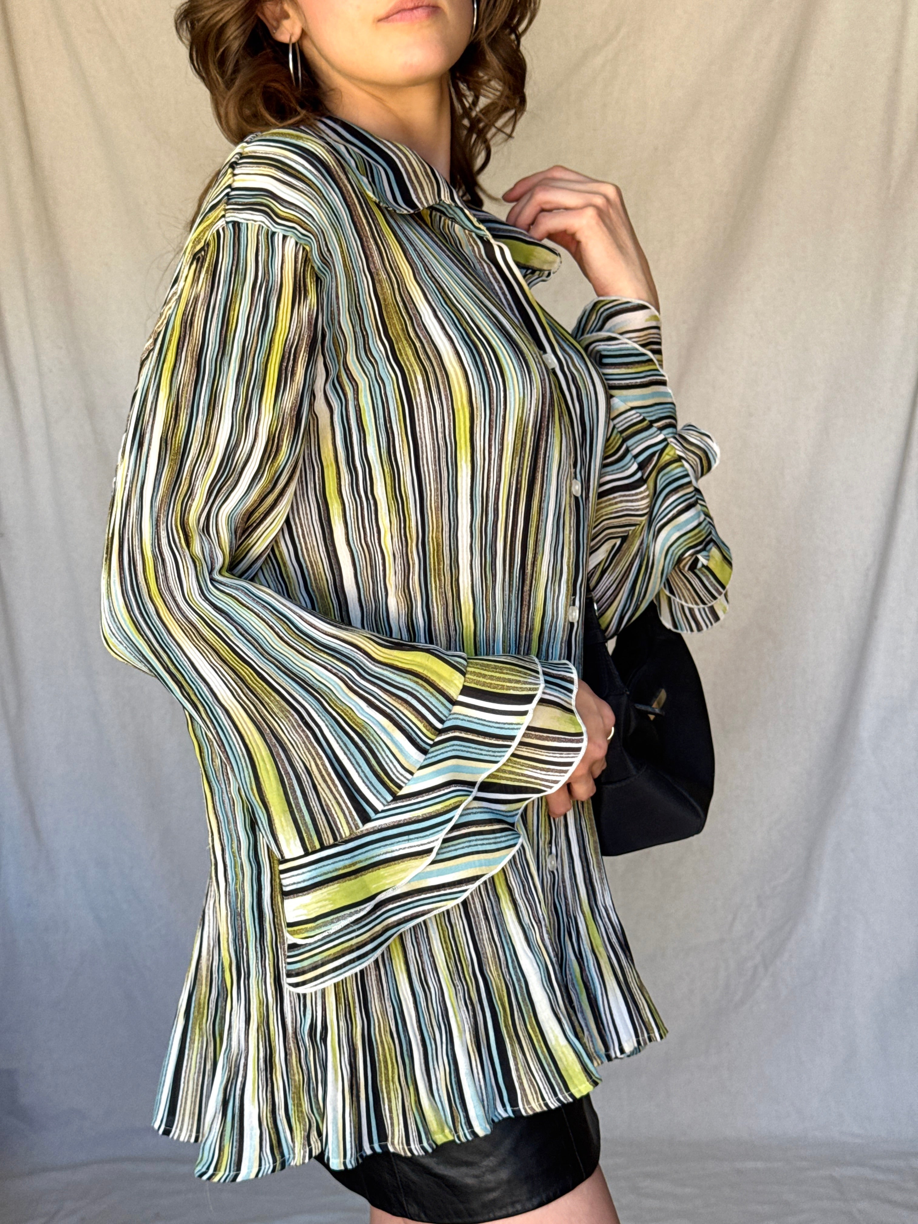 Y2K Striped Whimsy Crinkle Pleat Blouse
