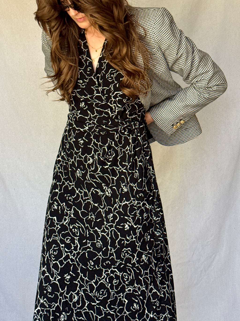 90s Black Floral Sleeveless Wrap Dress