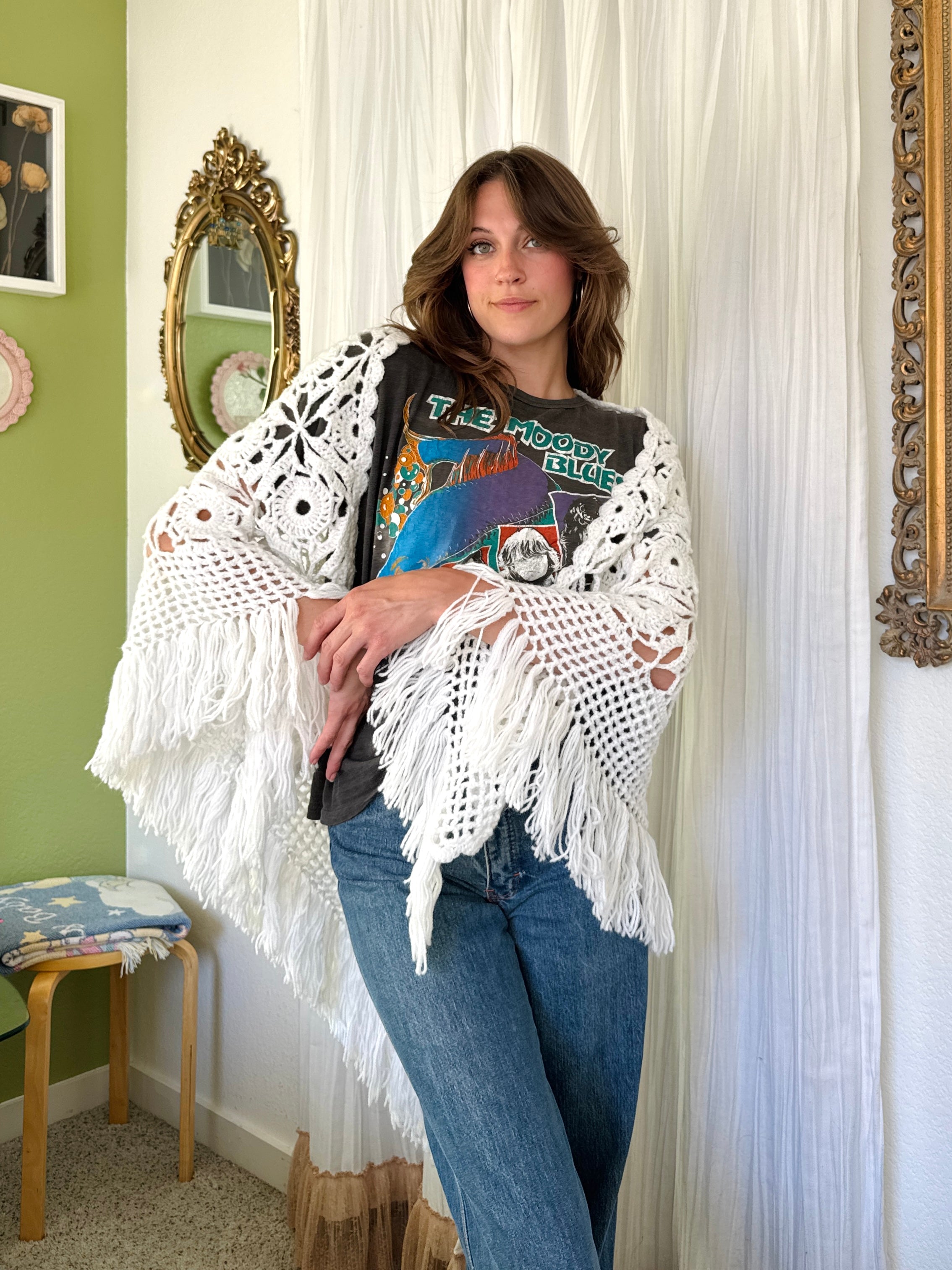 Vintage White Fringe Crochet Cottagecore Shawl
