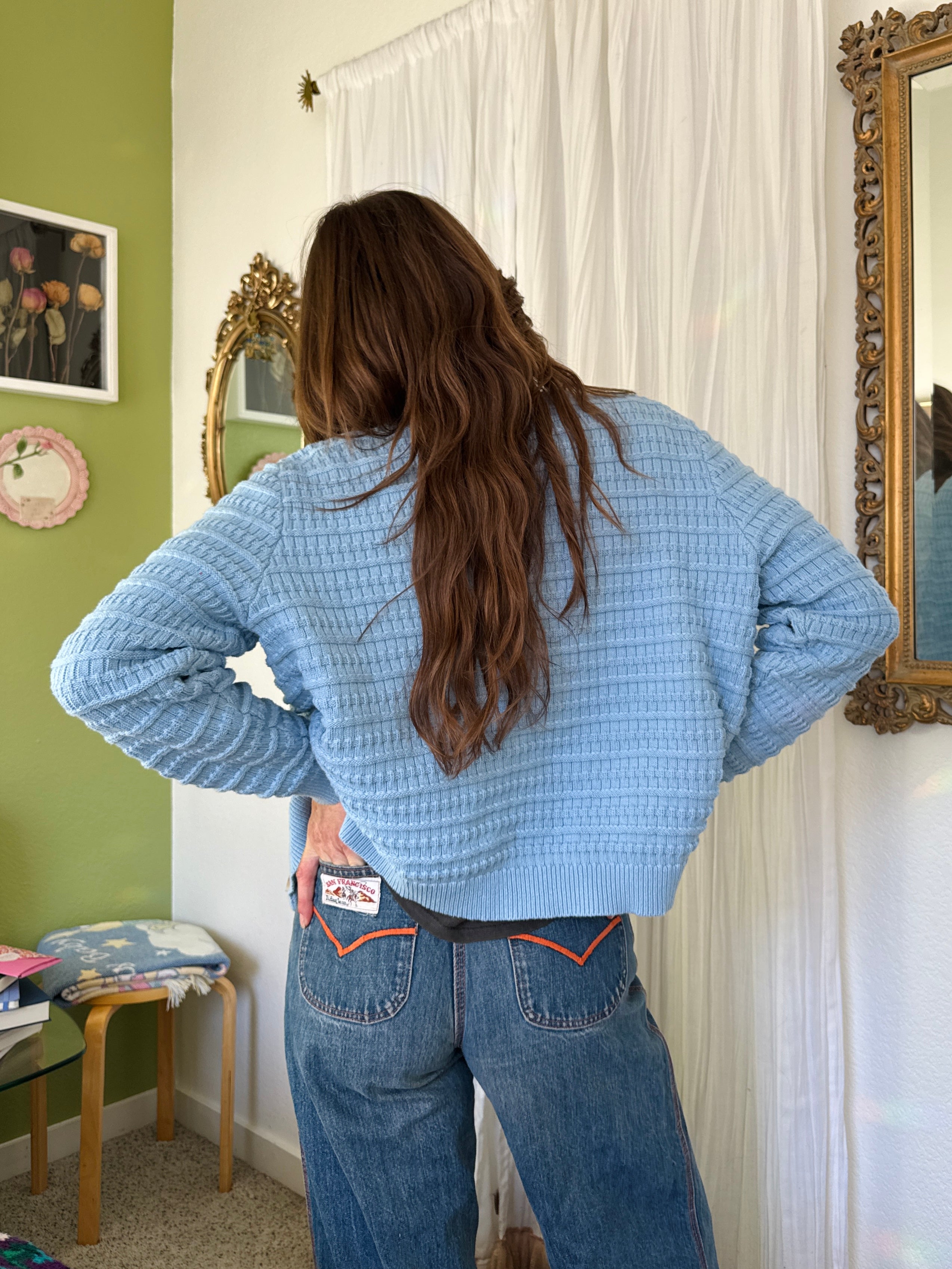 Powder Blue Cotton Knit Button Up Cardigan (Modern)