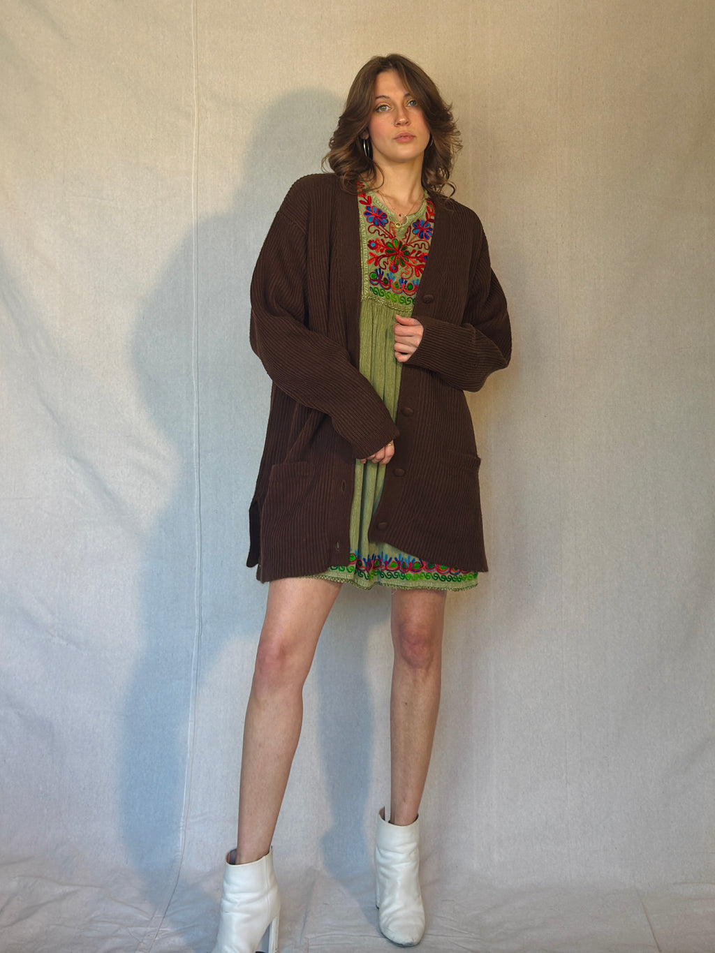 90s Brown Ribbed Cardigan Sweater