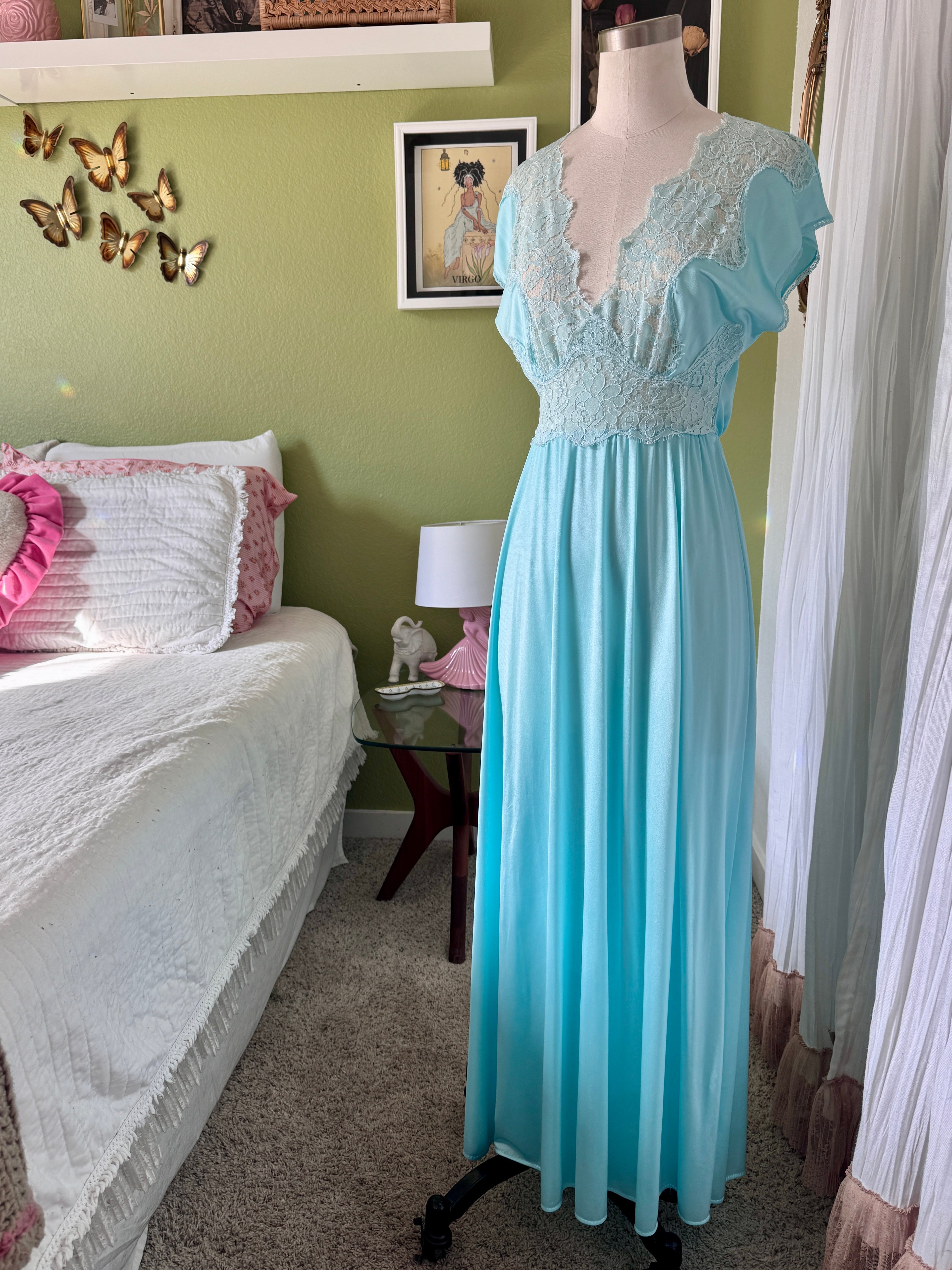 70s Turquoise Blue Nylon Neglige & Peignoir Set