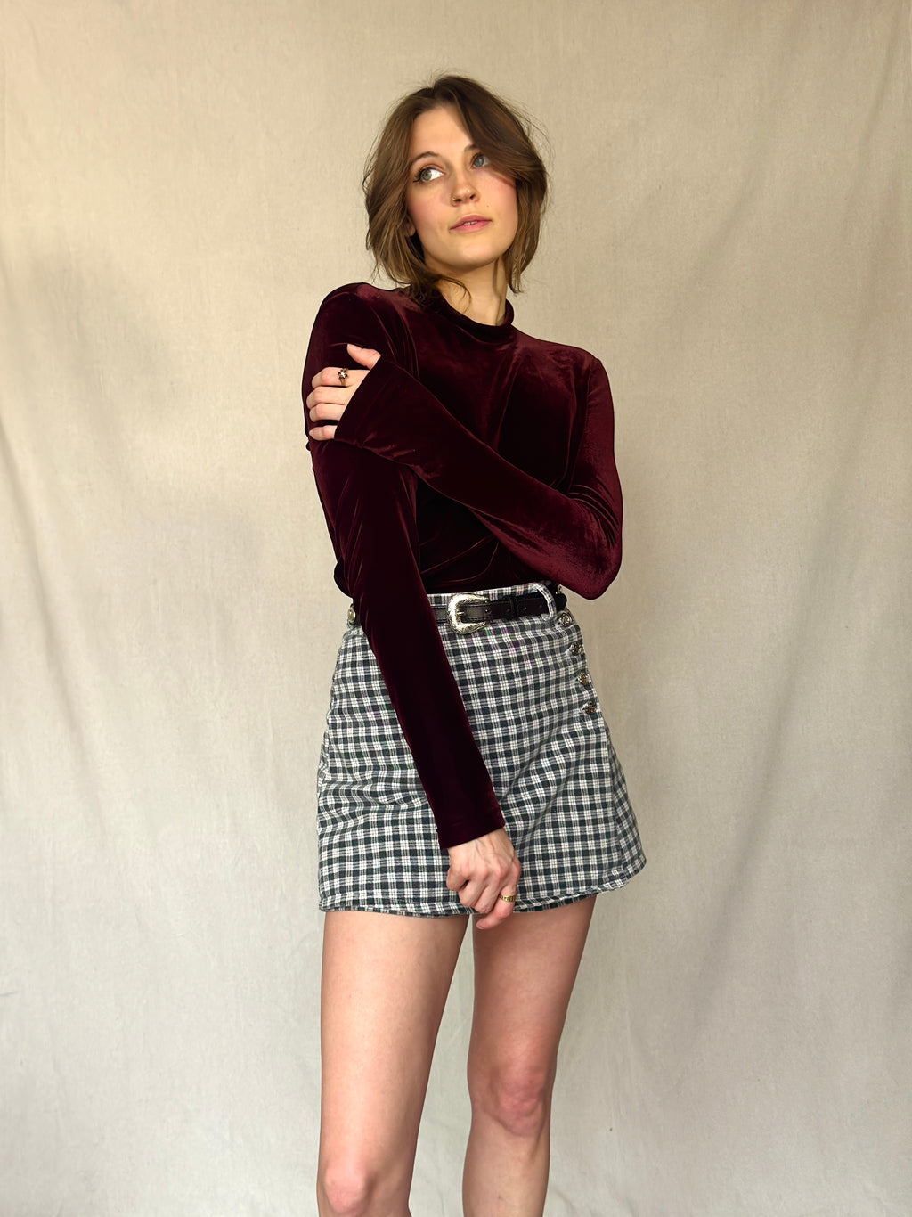 90s Velvet Wine Mock-neck Long Sleeve Top