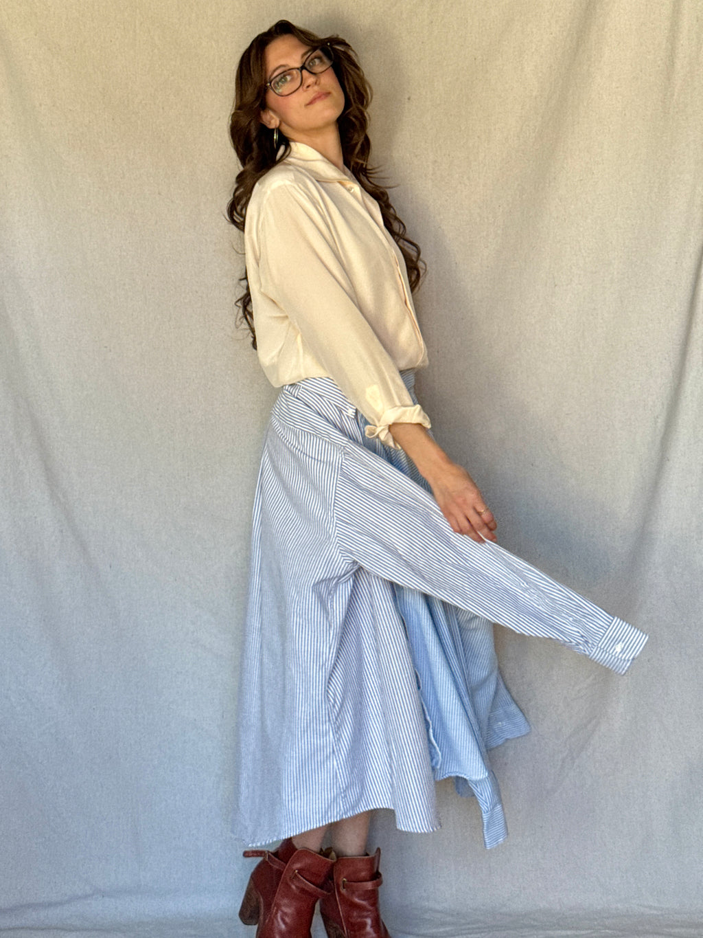 Repurposed Blue Pinstriped Button Up Skirt Set