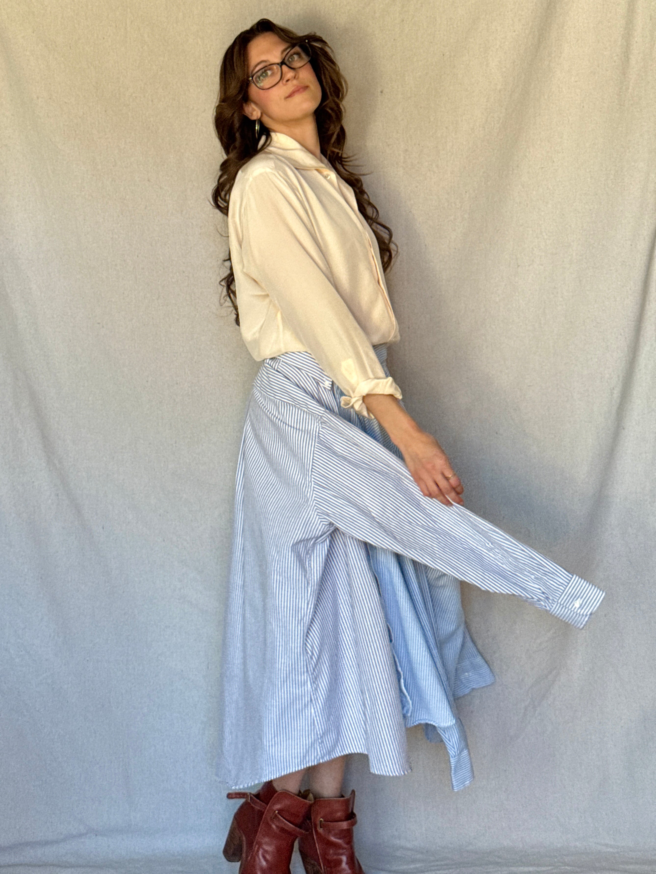 Repurposed Blue Pinstriped Button Up Skirt Set