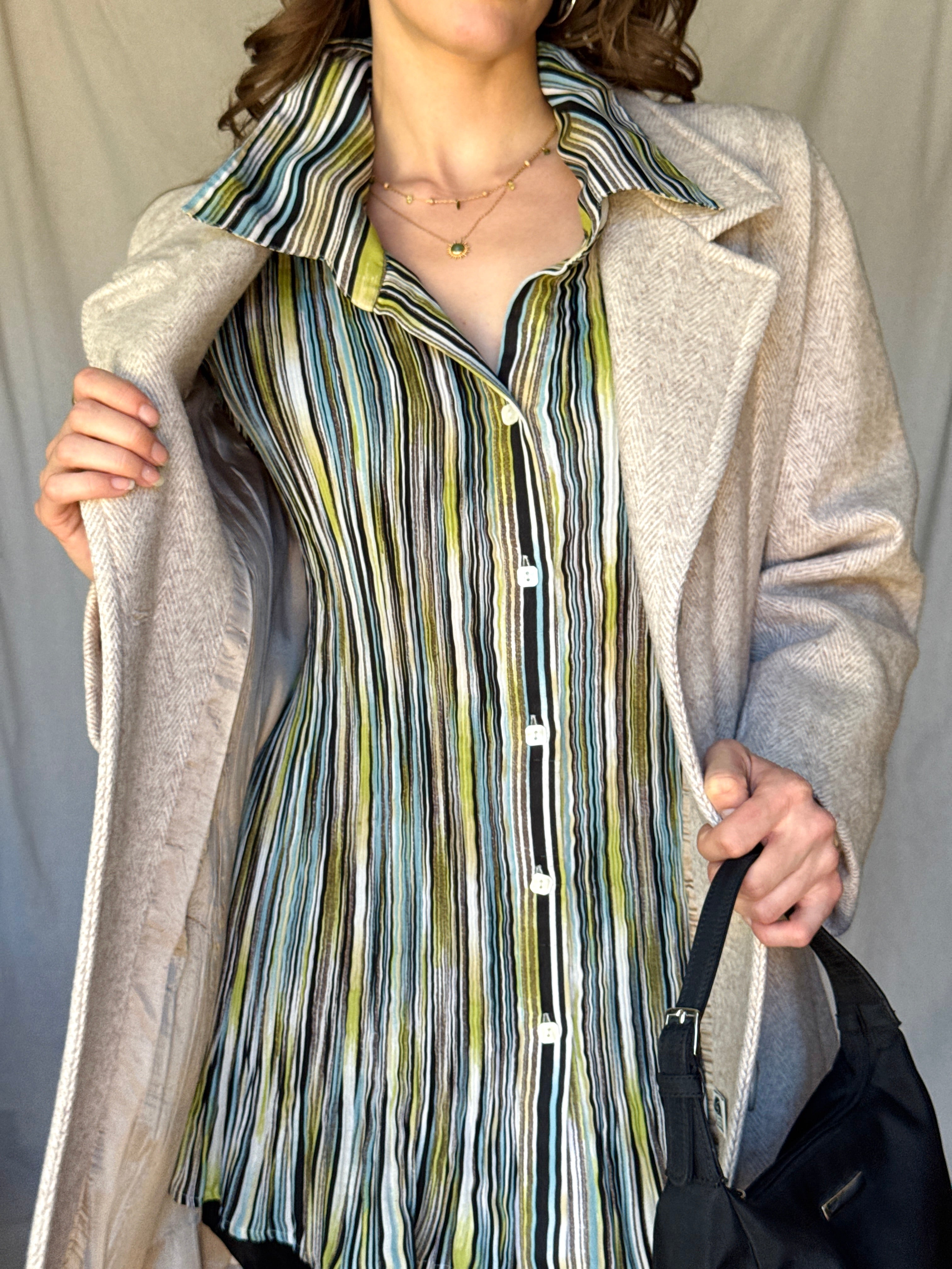 Y2K Striped Whimsy Crinkle Pleat Blouse