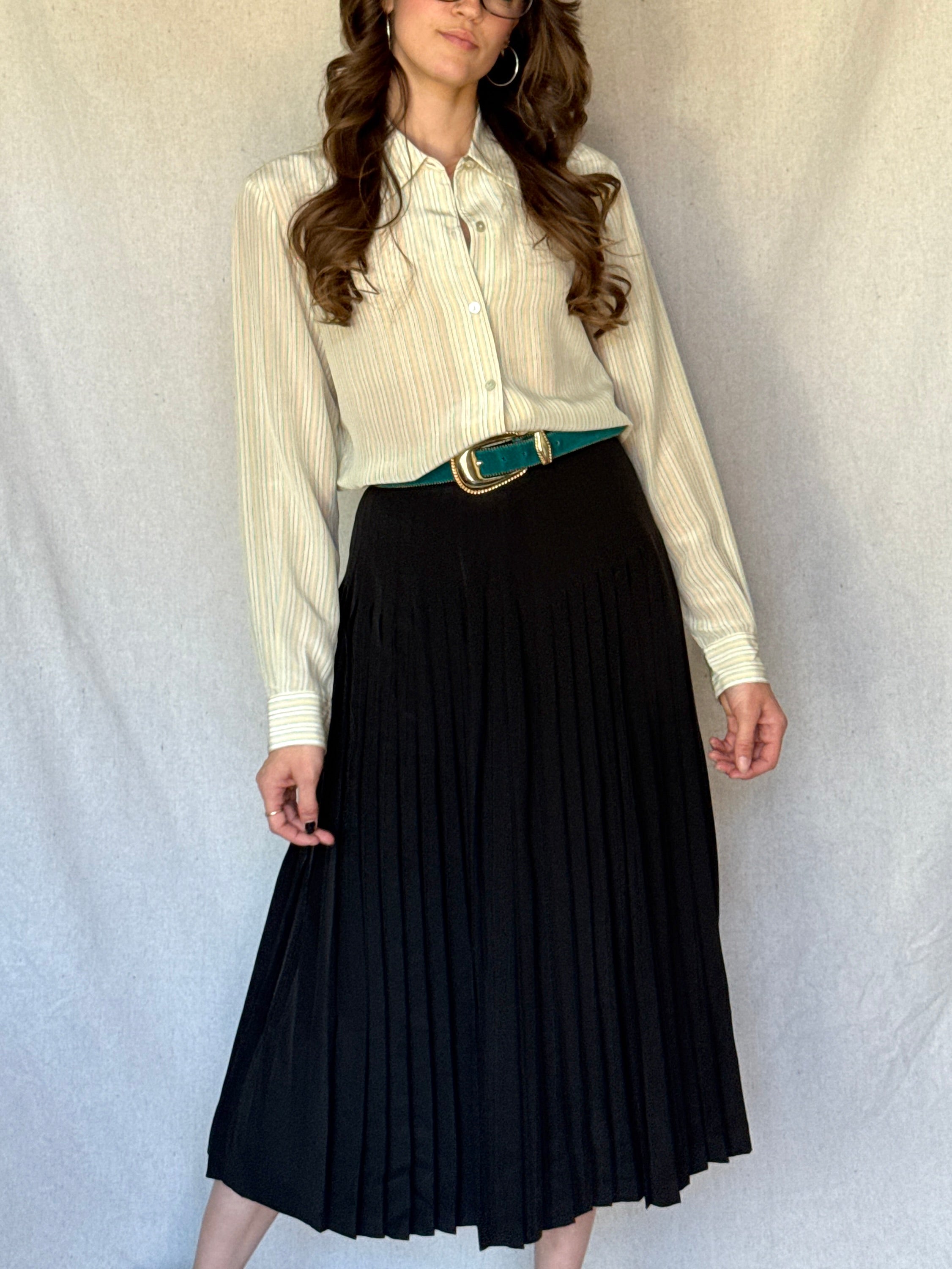 70s St. Martin Black Silk Pleated Midi Skirt