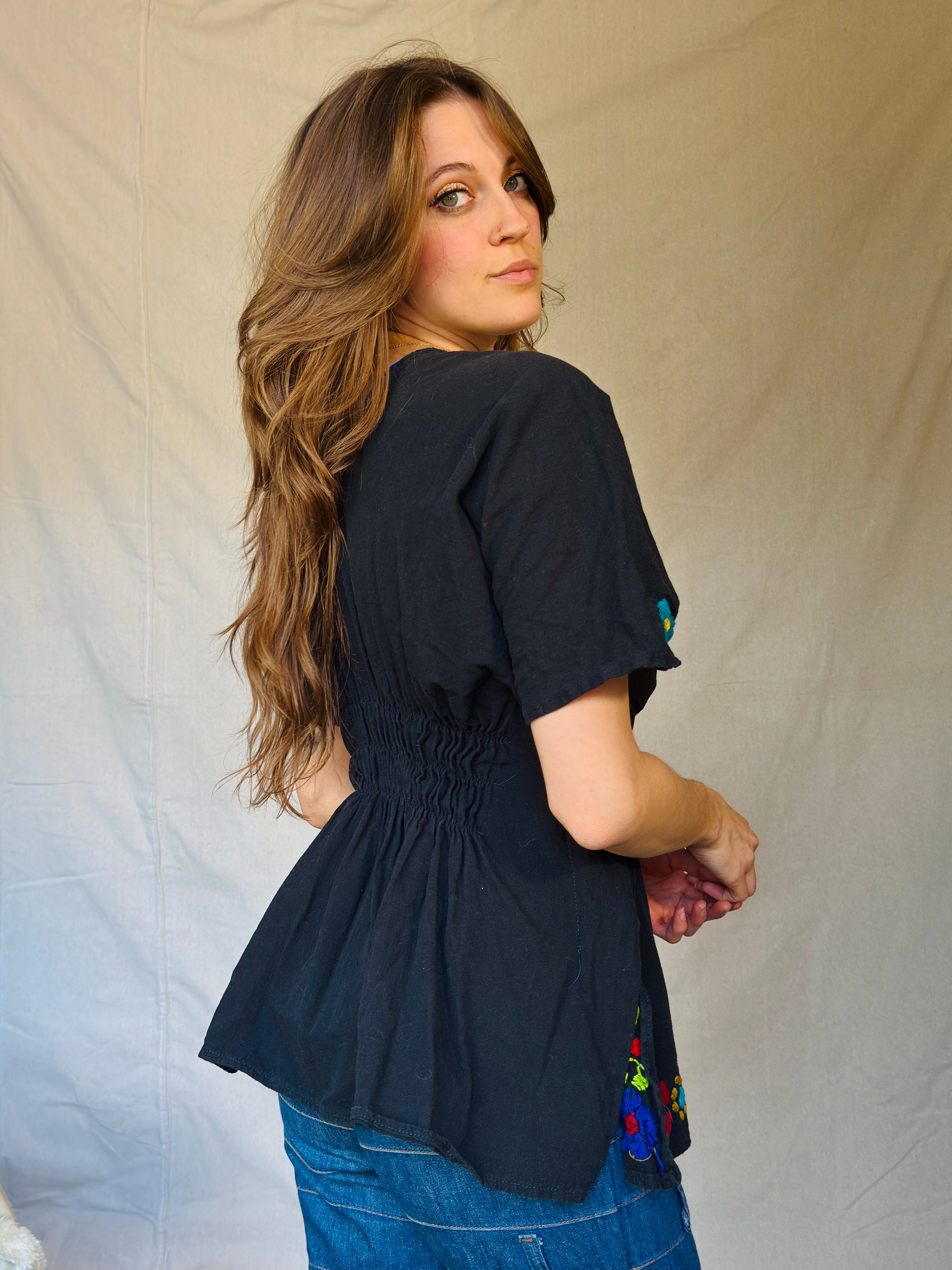 Black Hand Embroidered Peasant Blouse