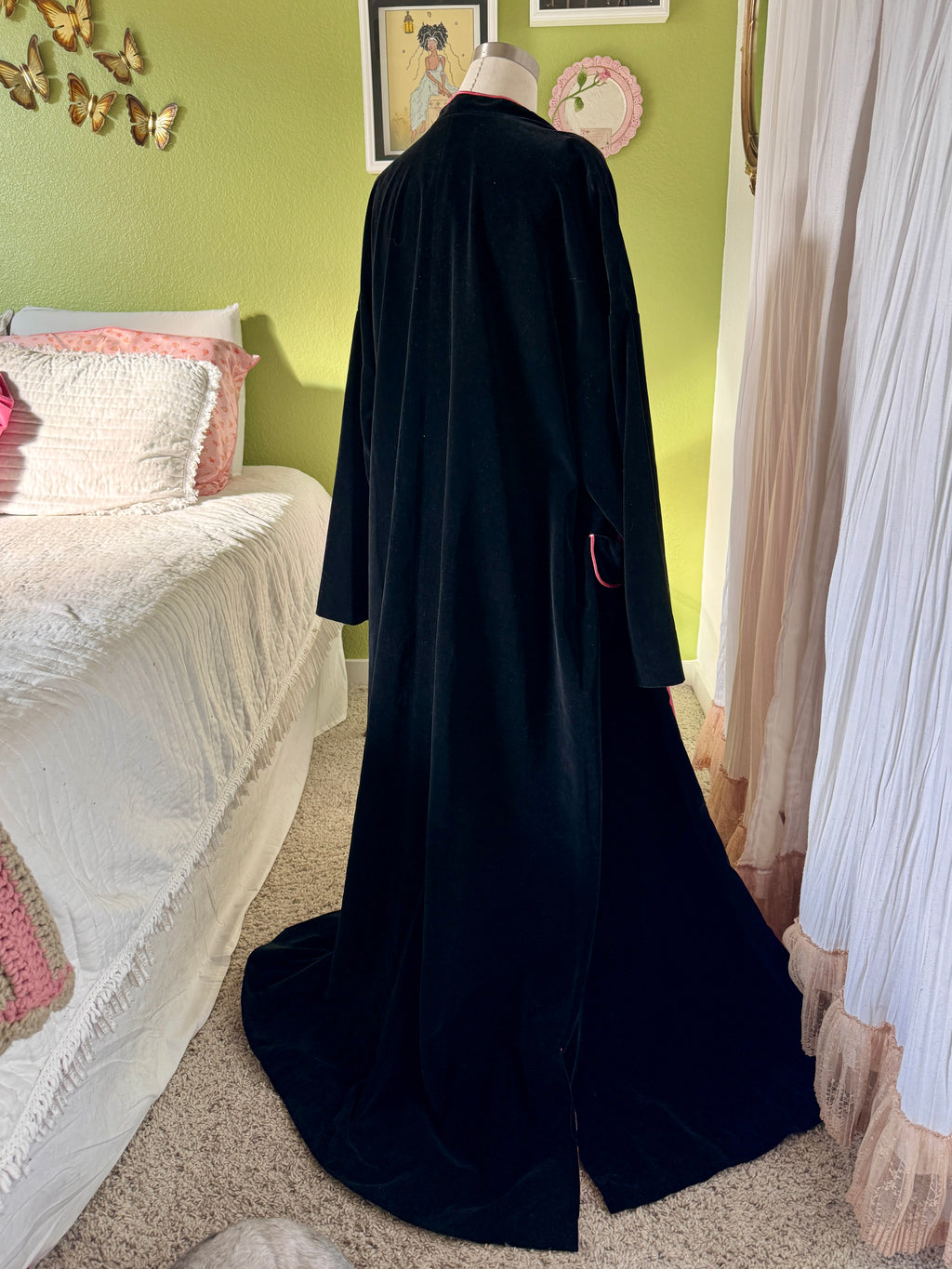 50s Black Velvet Pink Lined Smoking Jacket Duster Coat