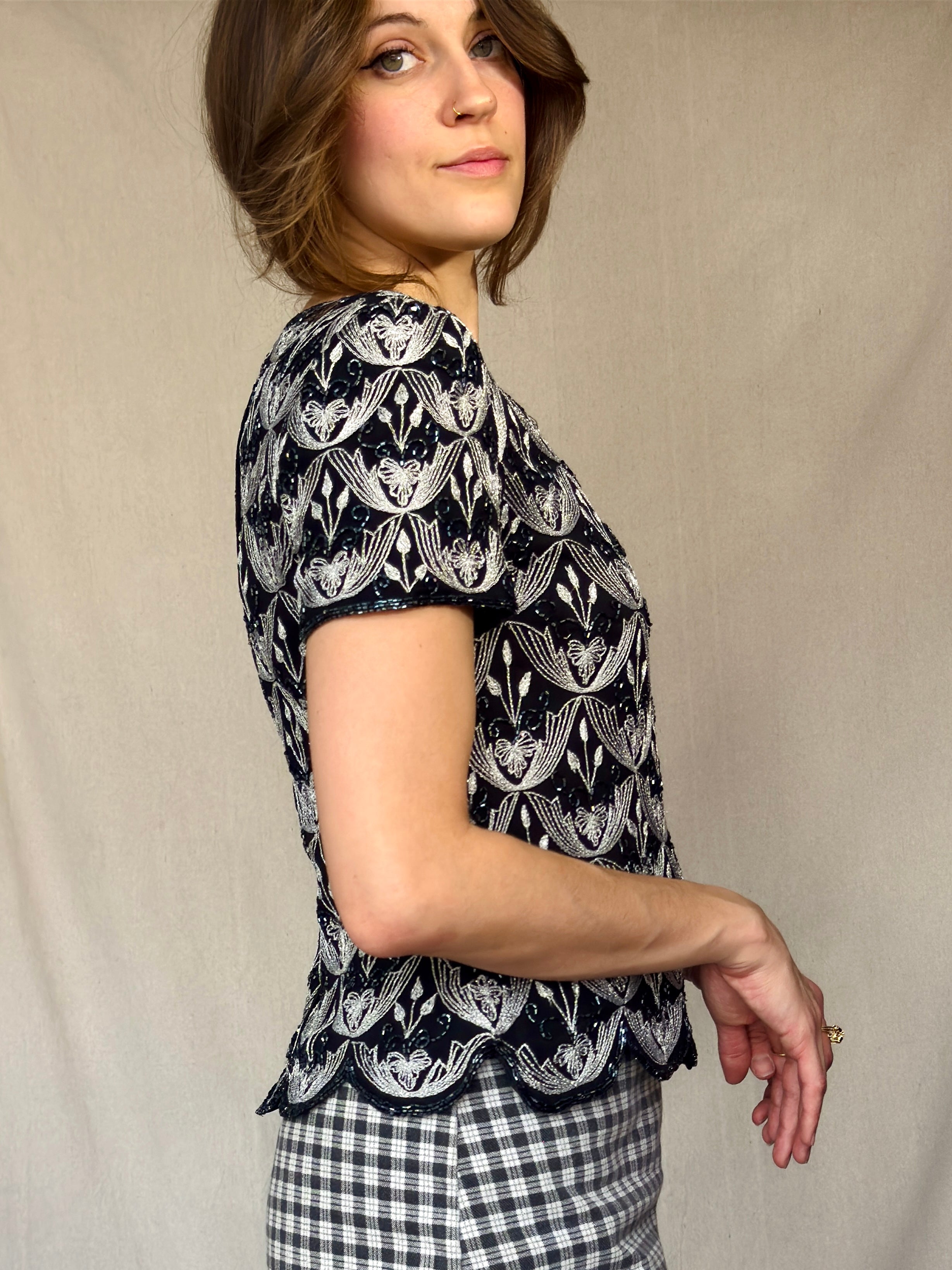 90s Silk Embroidered and Beaded Black Blouse