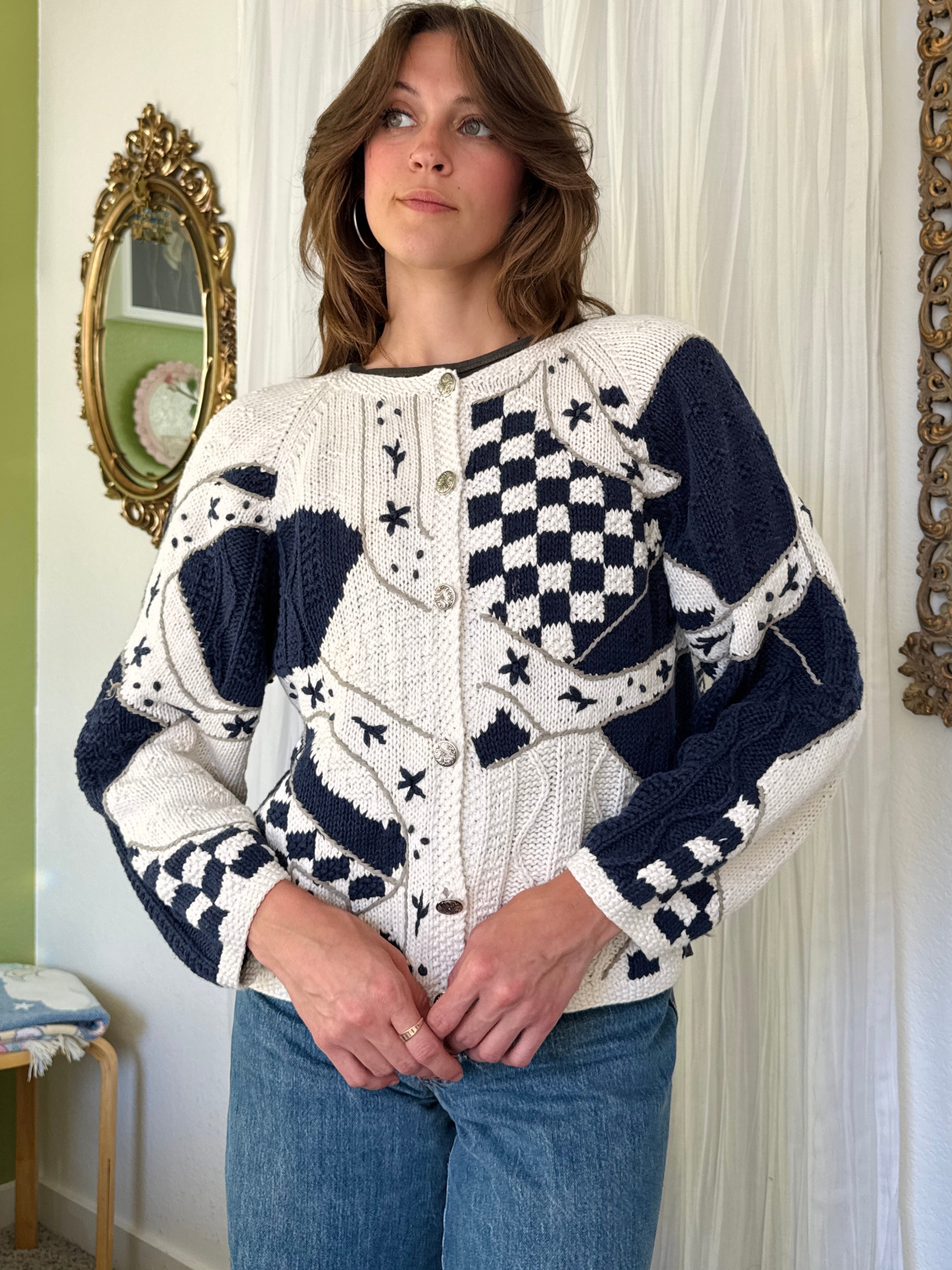 90s Cottagecore Blue & White Granny Cardigan Sweater