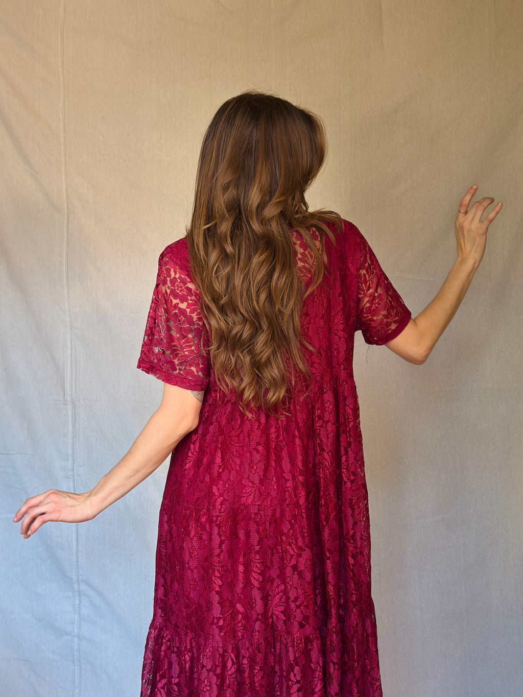 90s Maroon Lace Front Button Up Maxi Dress