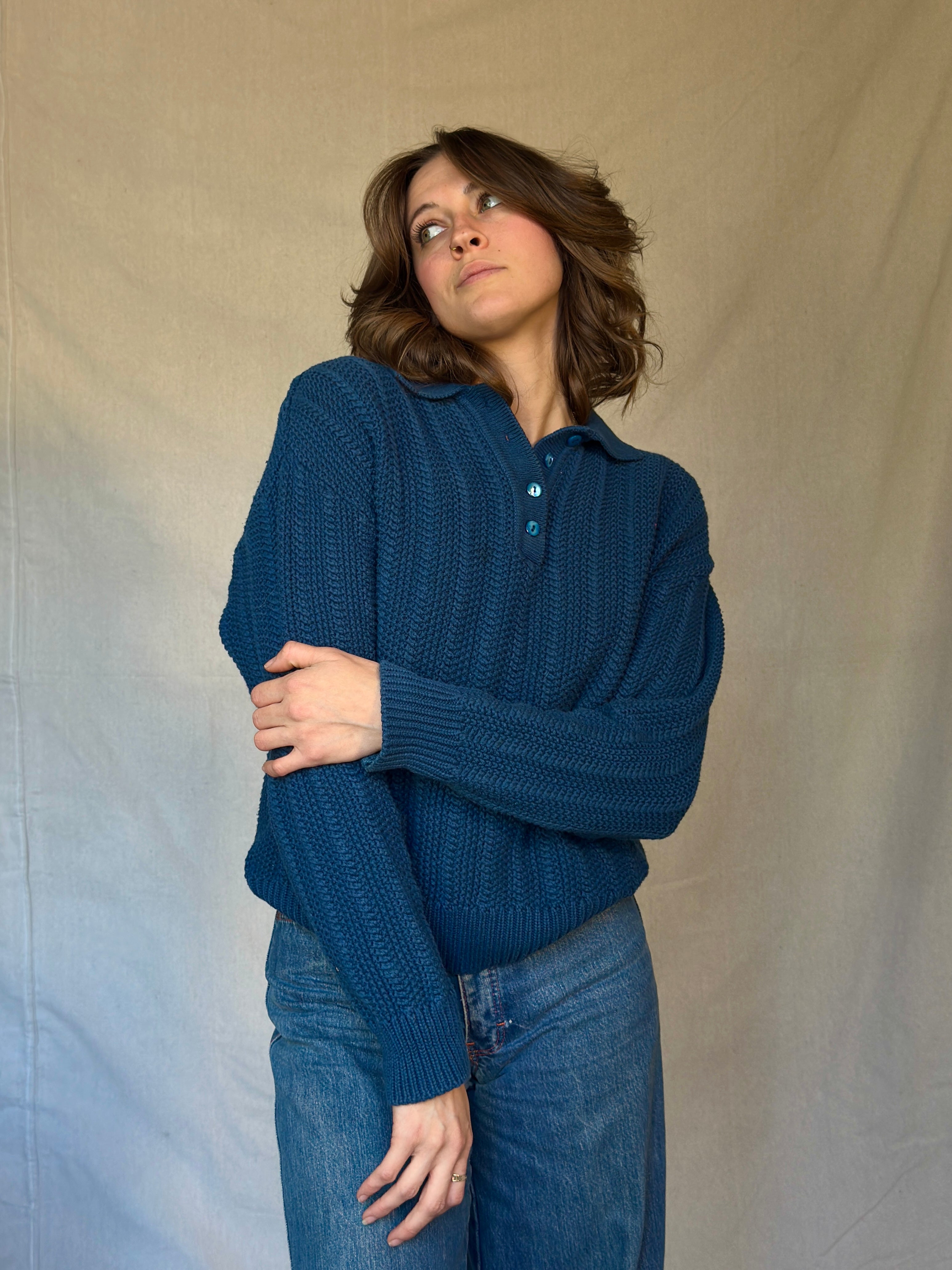 70s Blue Chunky Knit Cotton Sweater