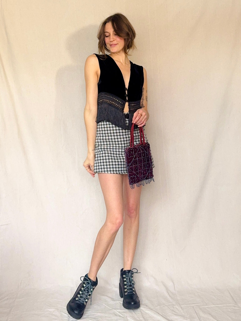 90s Black Velvet Fringe Vest Top