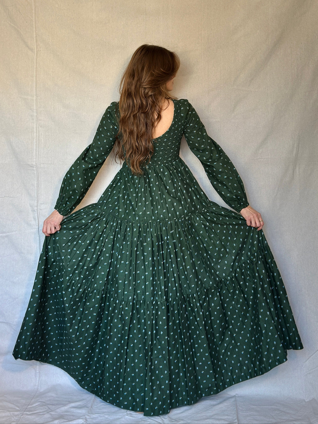 70s Green Micro Floral Tiered Prairie Dress