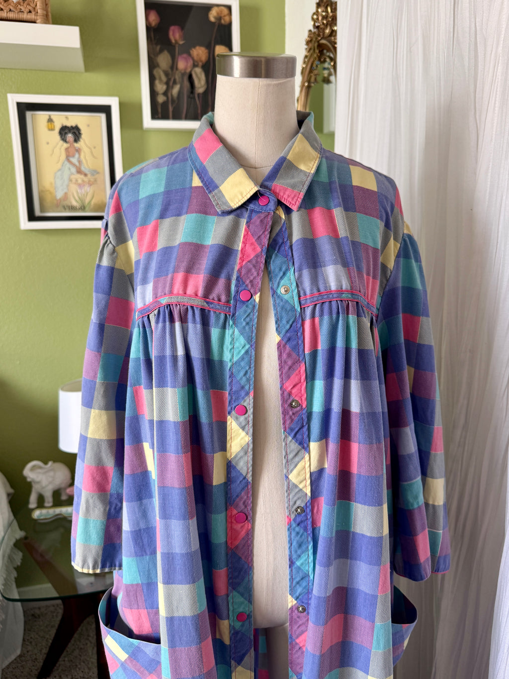 80s Purple Color Block Pearl Snap Duster Housecoat