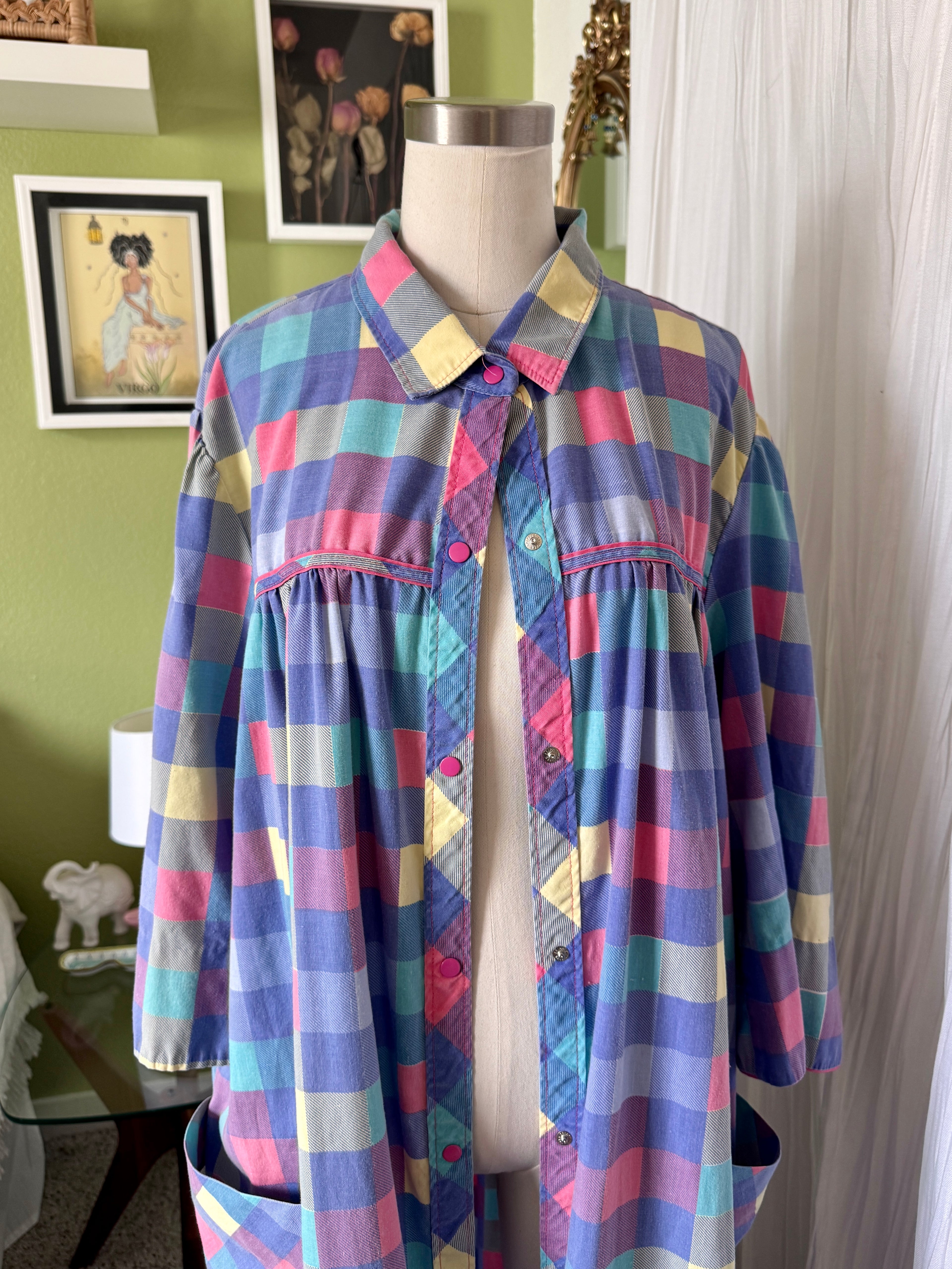 80s Purple Color Block Pearl Snap Duster Housecoat