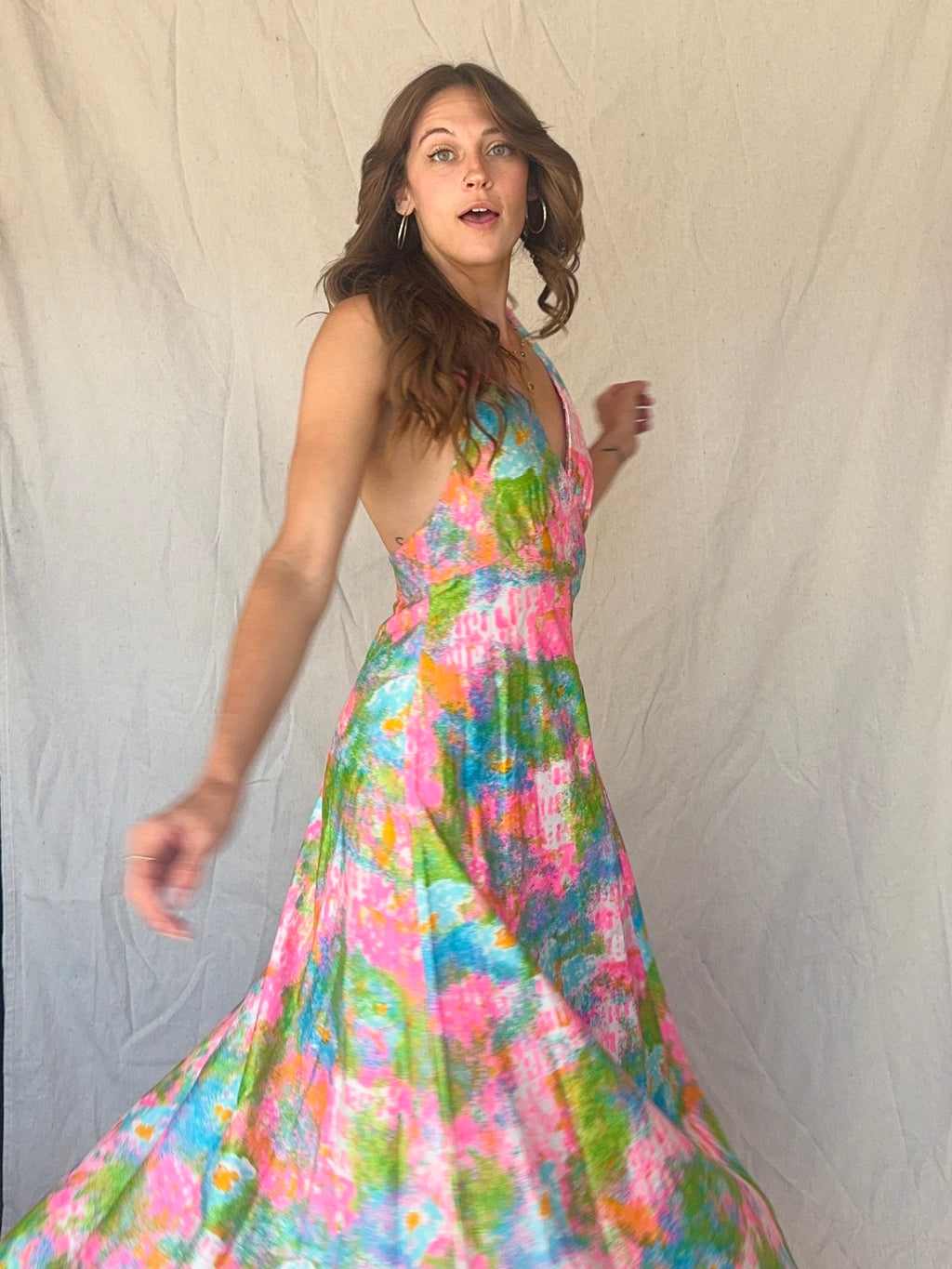 60s Handmade Dayglo Halter Maxi Dress