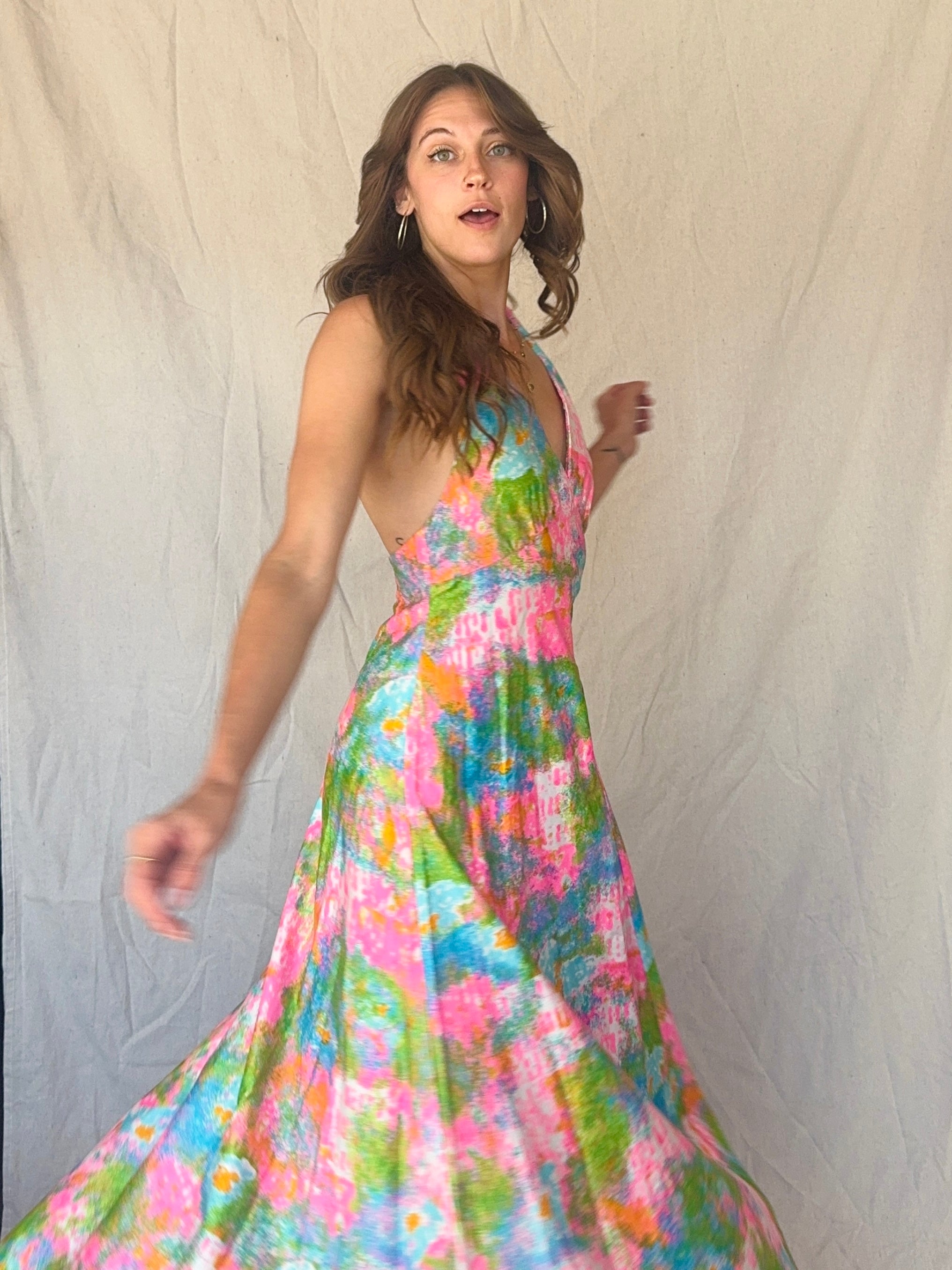 60s Handmade Dayglo Halter Maxi Dress