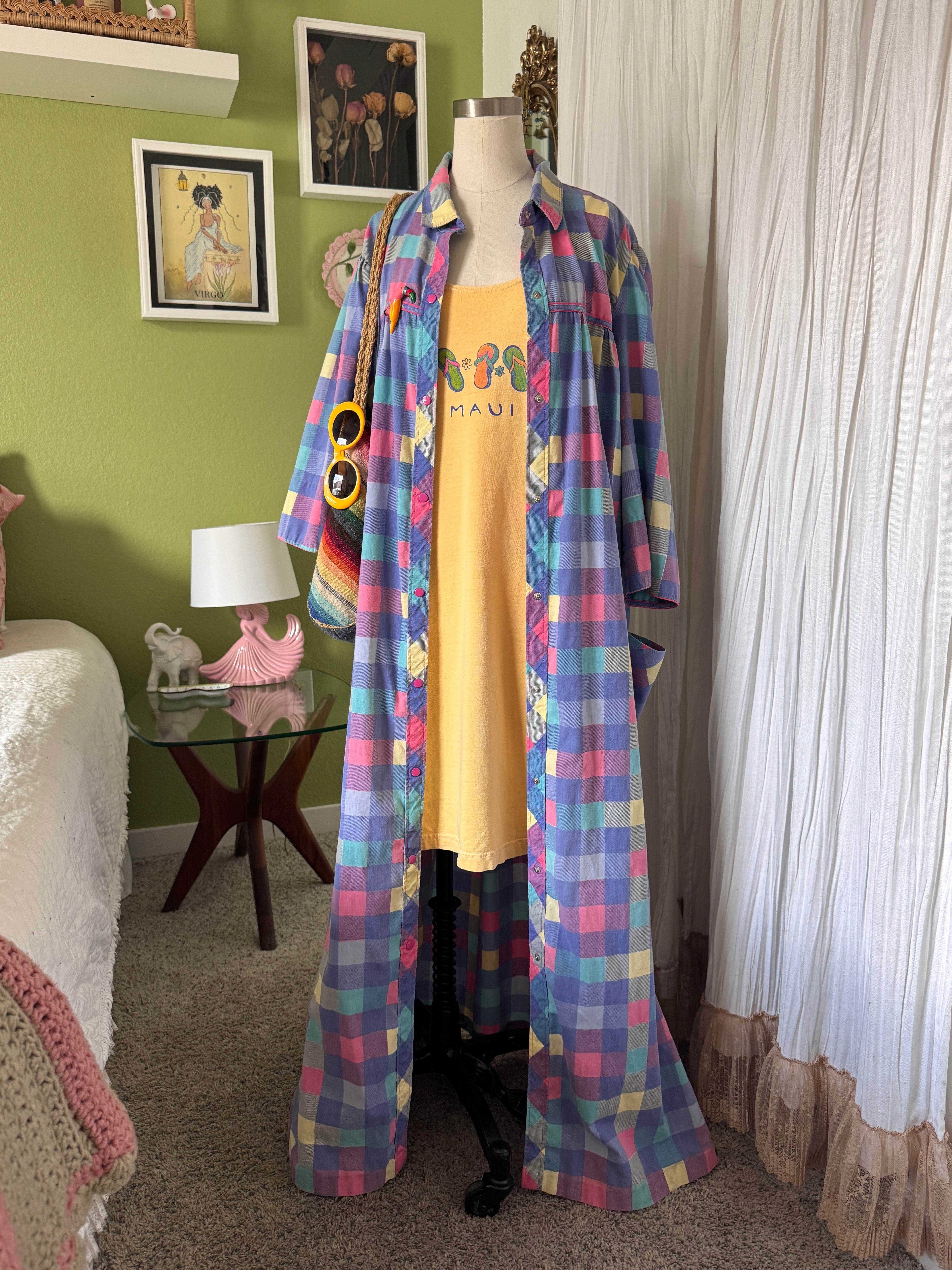 80s Purple Color Block Pearl Snap Duster Housecoat