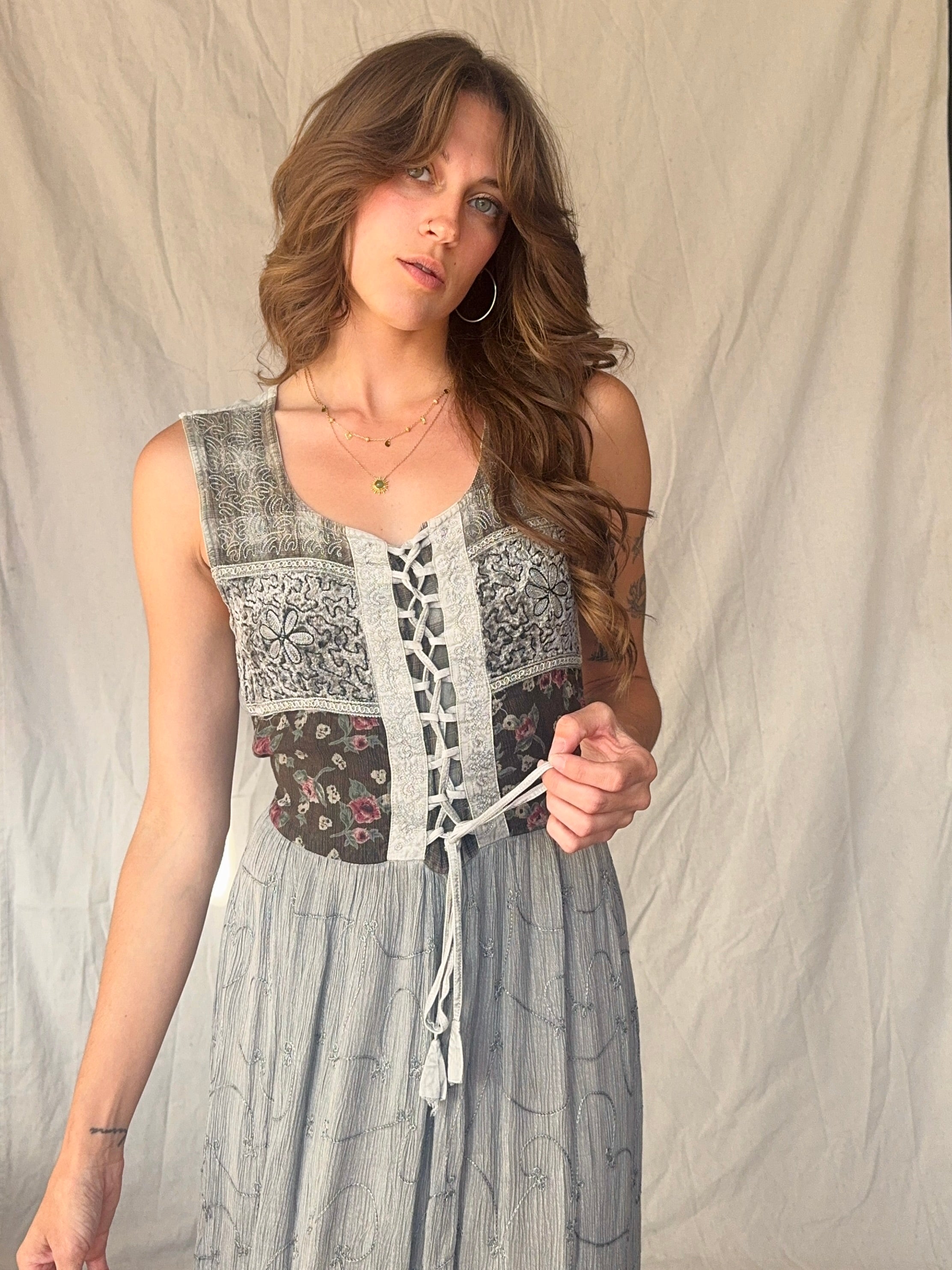 90s Grey Patchwork Whimsigoth Embroidered Fairy Maxi Dress
