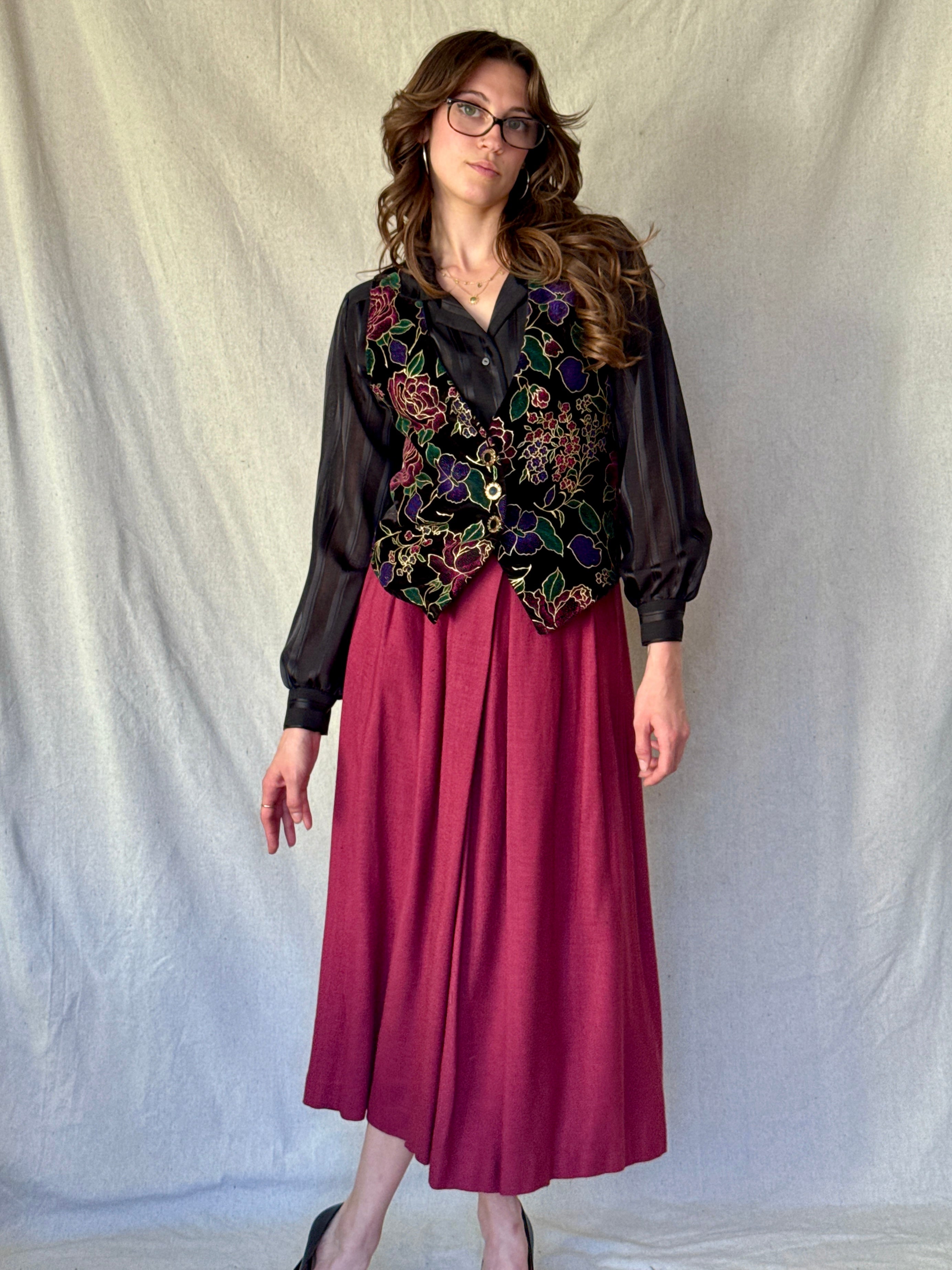 70s Burgundy Pleated Midi Skirt