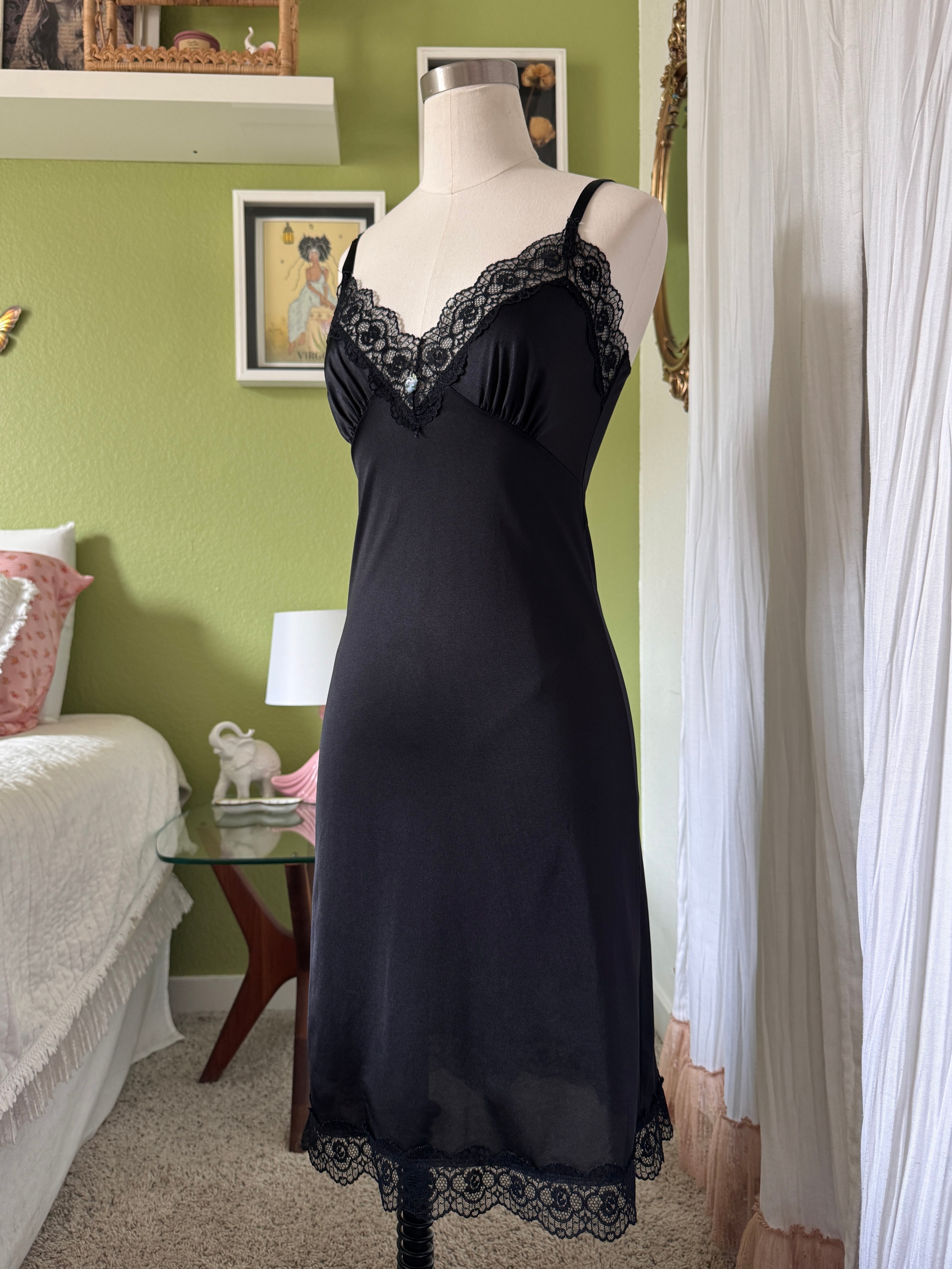60s Black Lace Slip Dress Rosette Detail