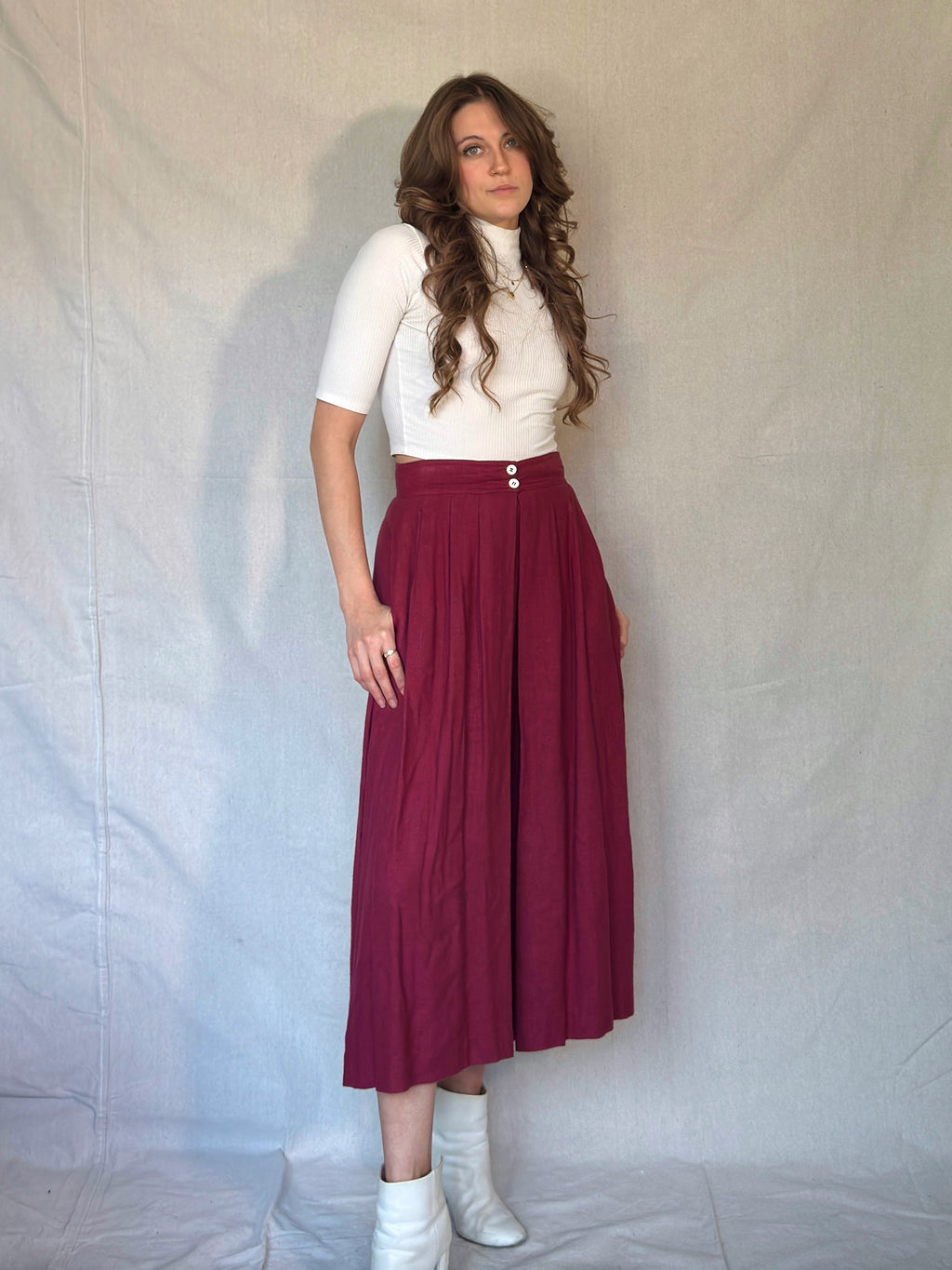 70s Burgundy Pleated Midi Skirt