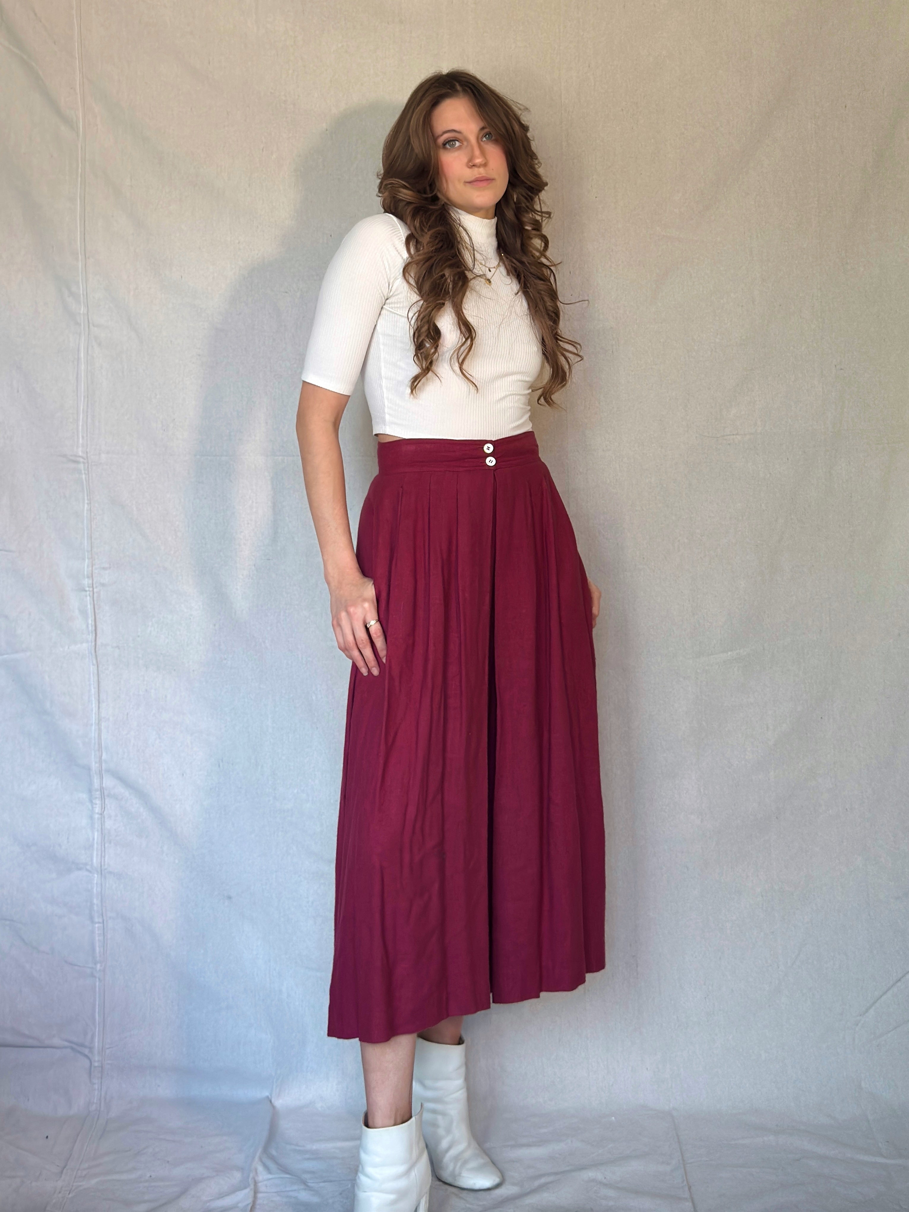70s Burgundy Pleated Midi Skirt