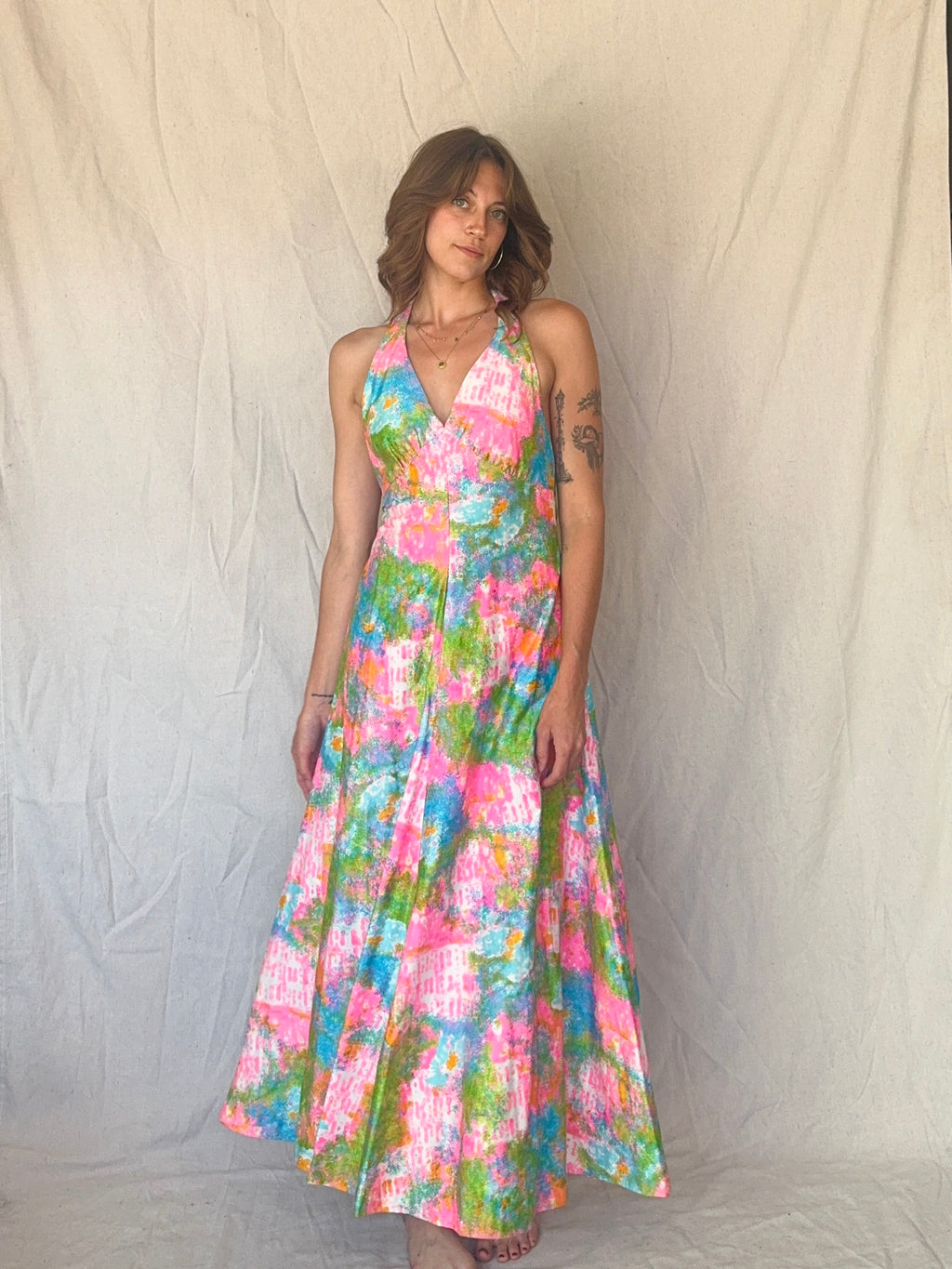60s Handmade Dayglo Halter Maxi Dress