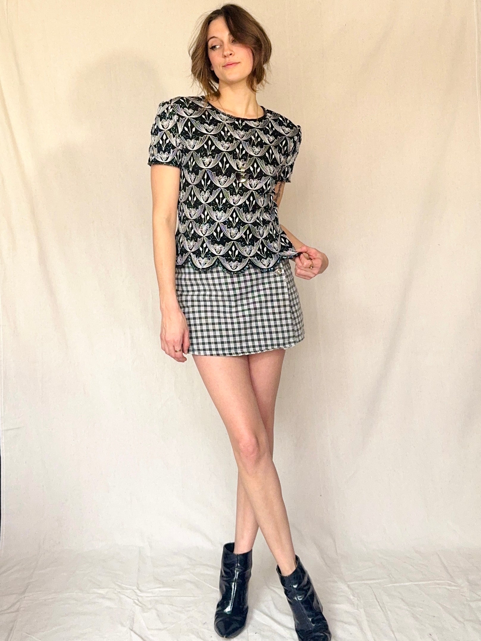 90s Silk Embroidered and Beaded Black Blouse