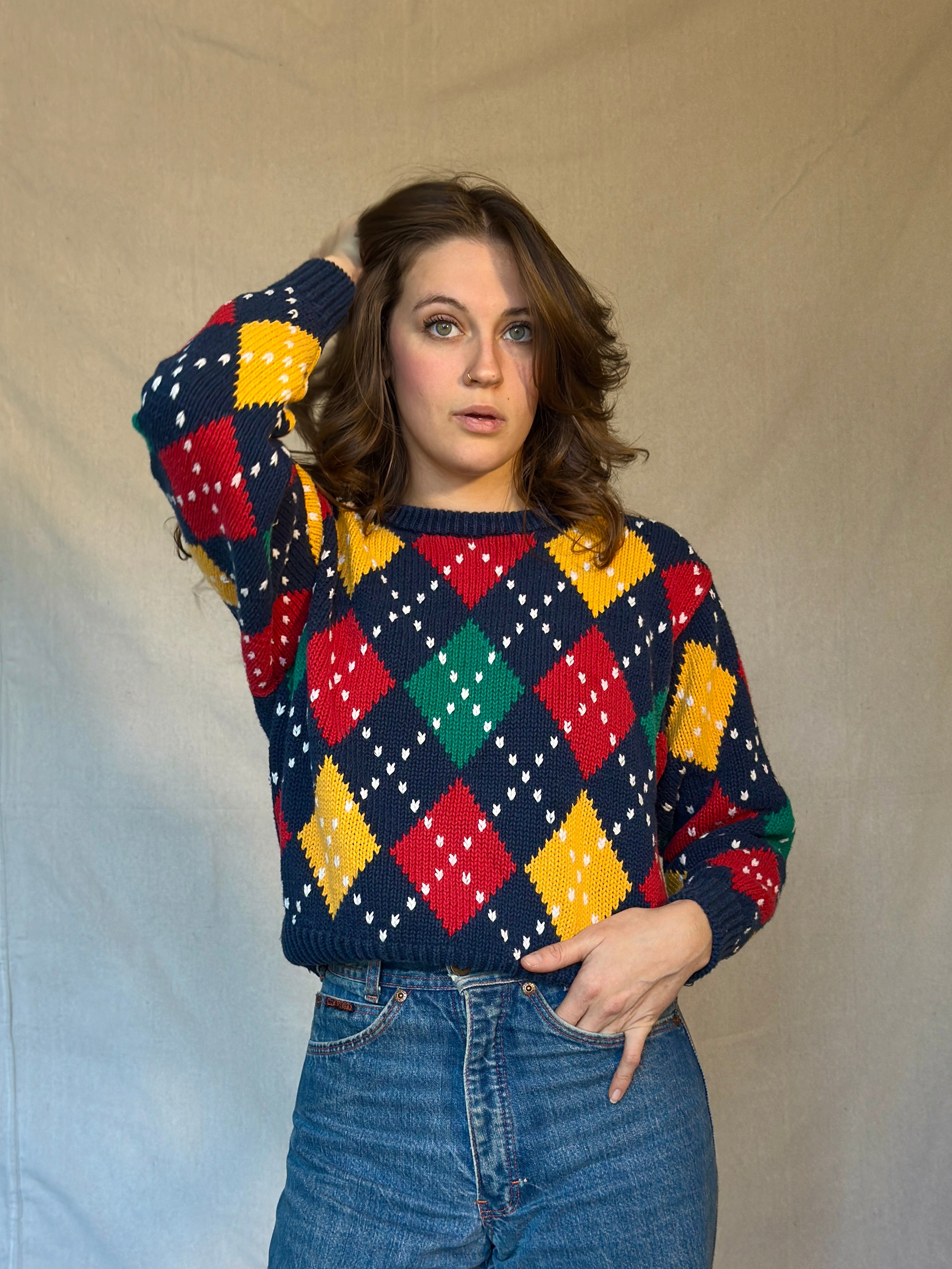 80s Chunky Blue Argyle Sweater