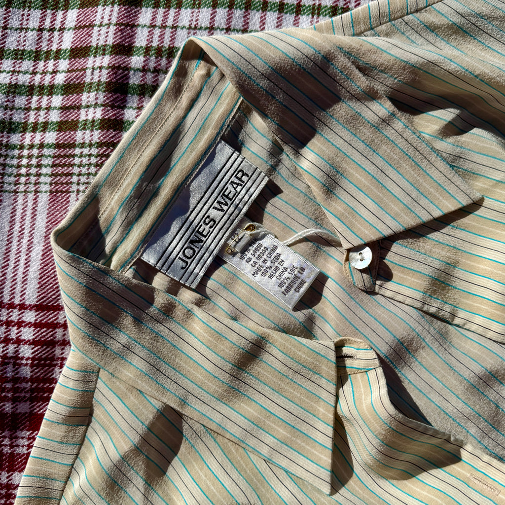 90s Cream Pinstriped Silk Button Up Shirt