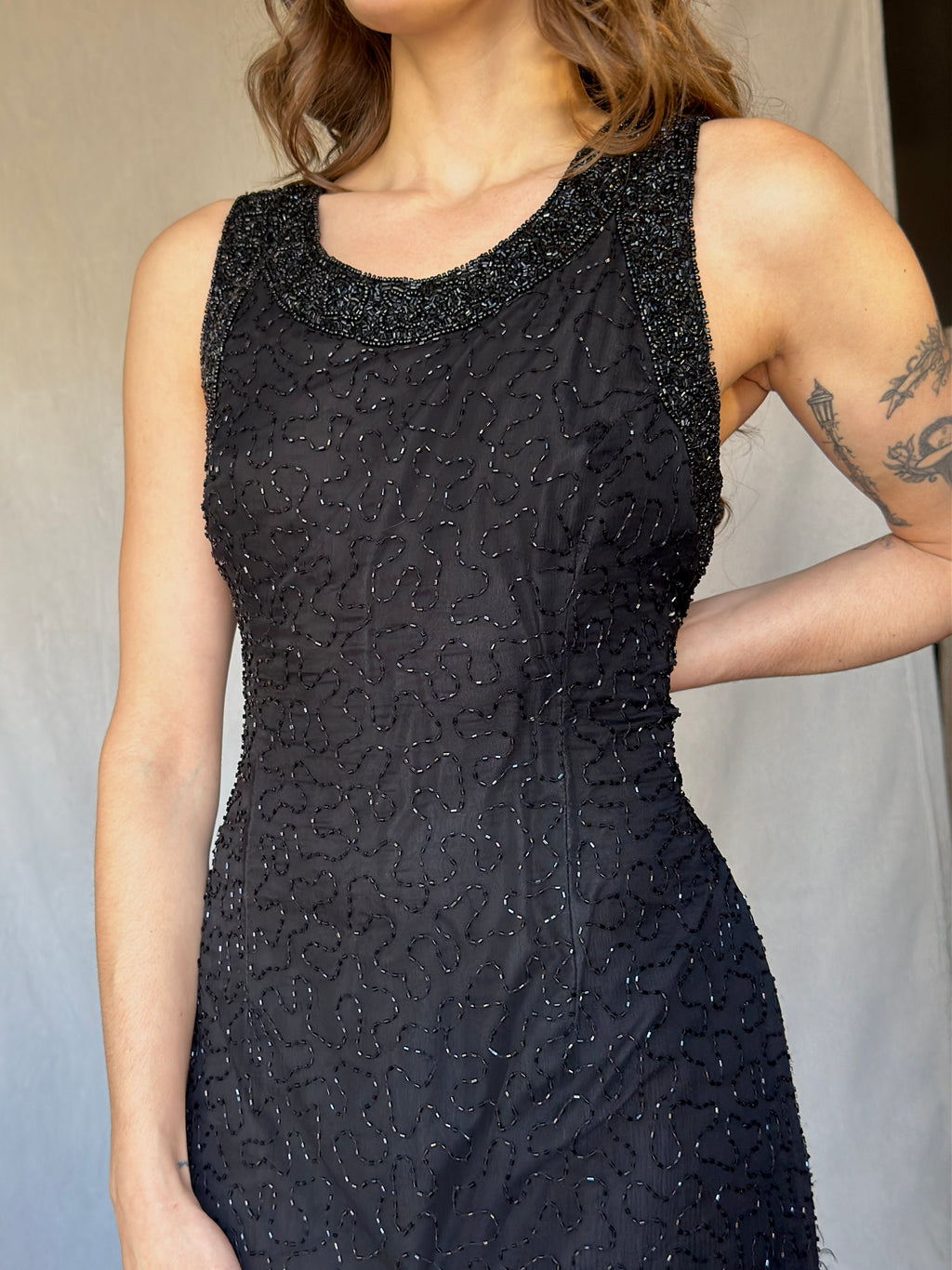 90s Black Beaded Silk Mini Cocktail Dress