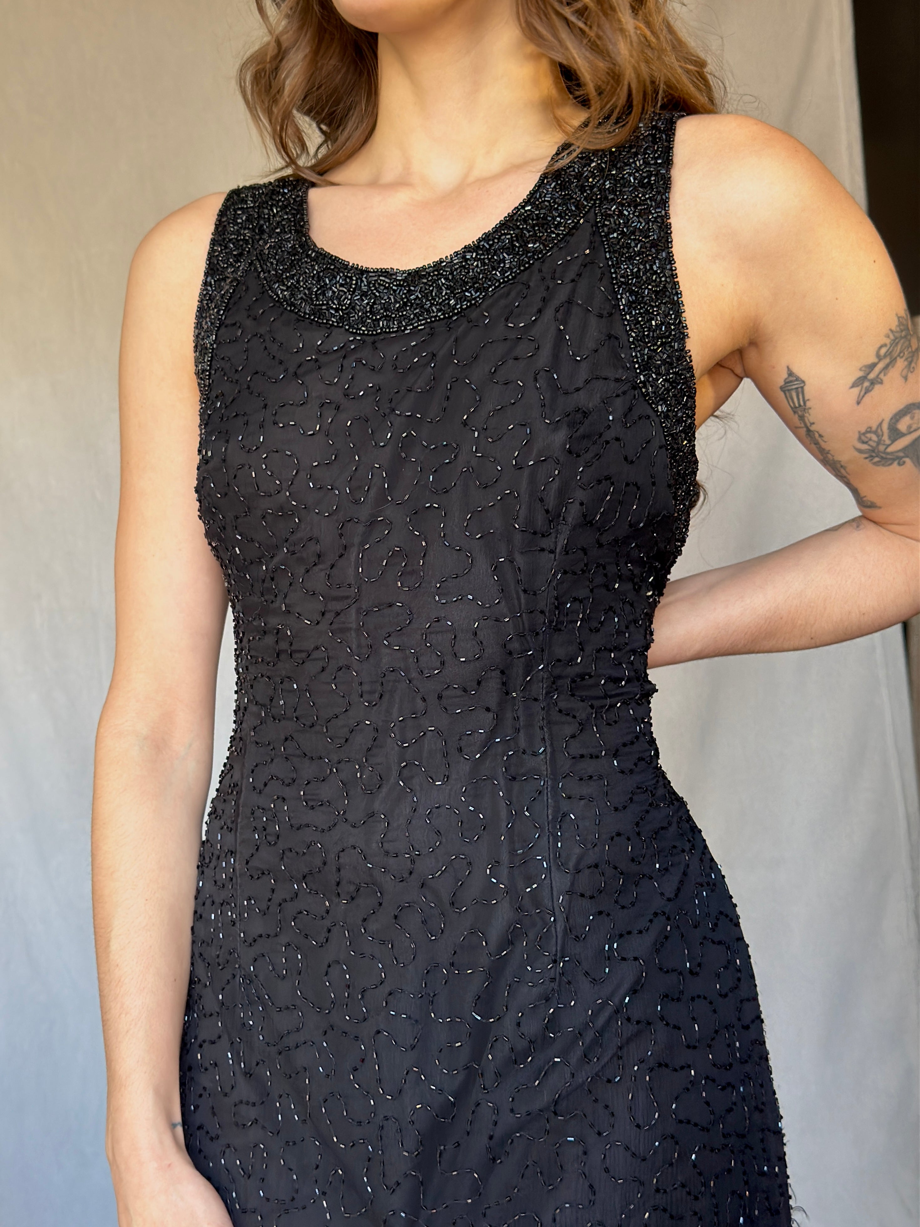 90s Black Beaded Silk Mini Cocktail Dress