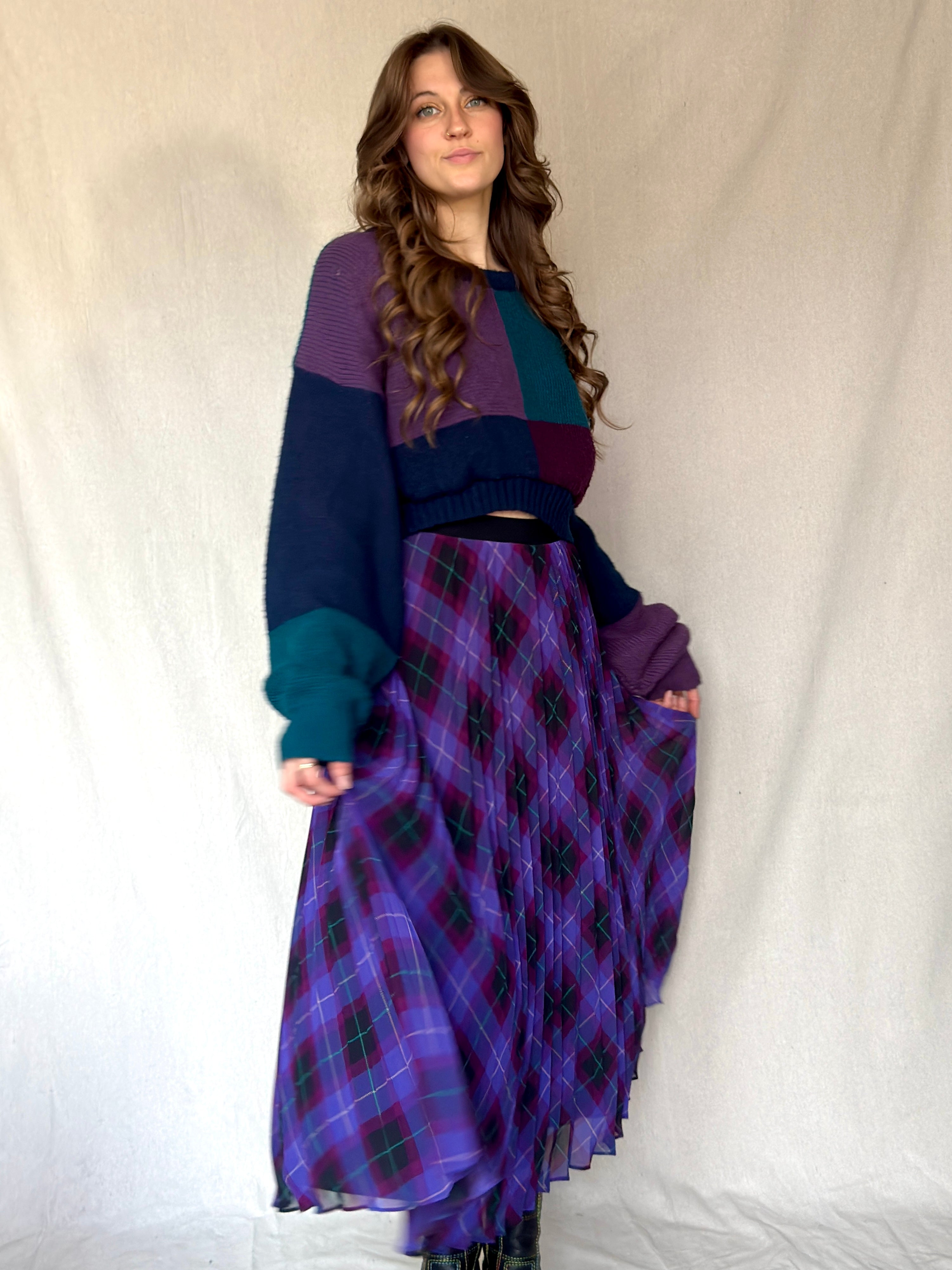 Y2K Purple Argyle Print Pleated Maxi Skirt