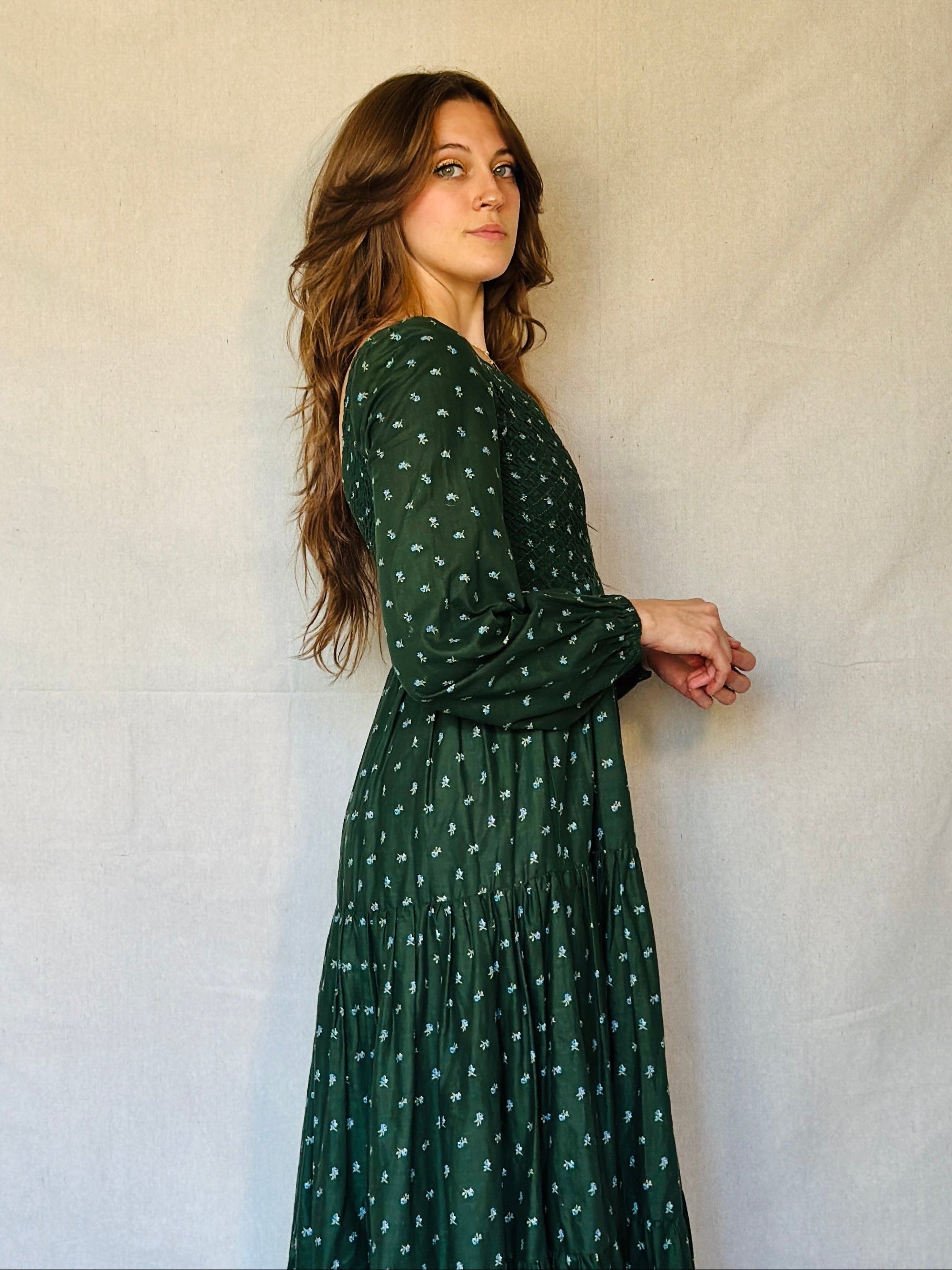 70s Green Micro Floral Tiered Prairie Dress
