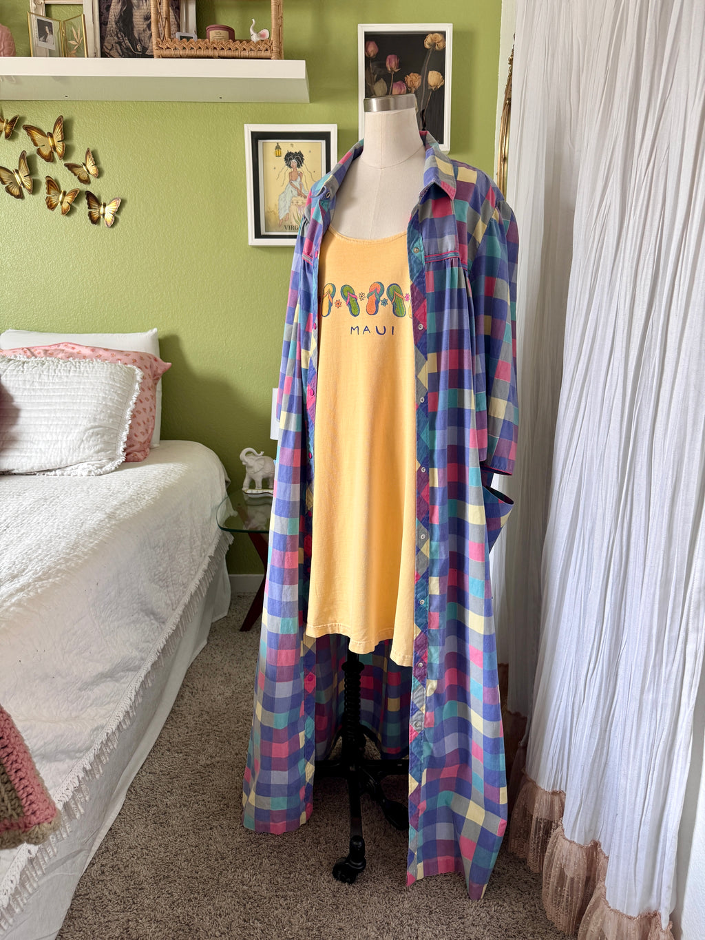 80s Purple Color Block Pearl Snap Duster Housecoat