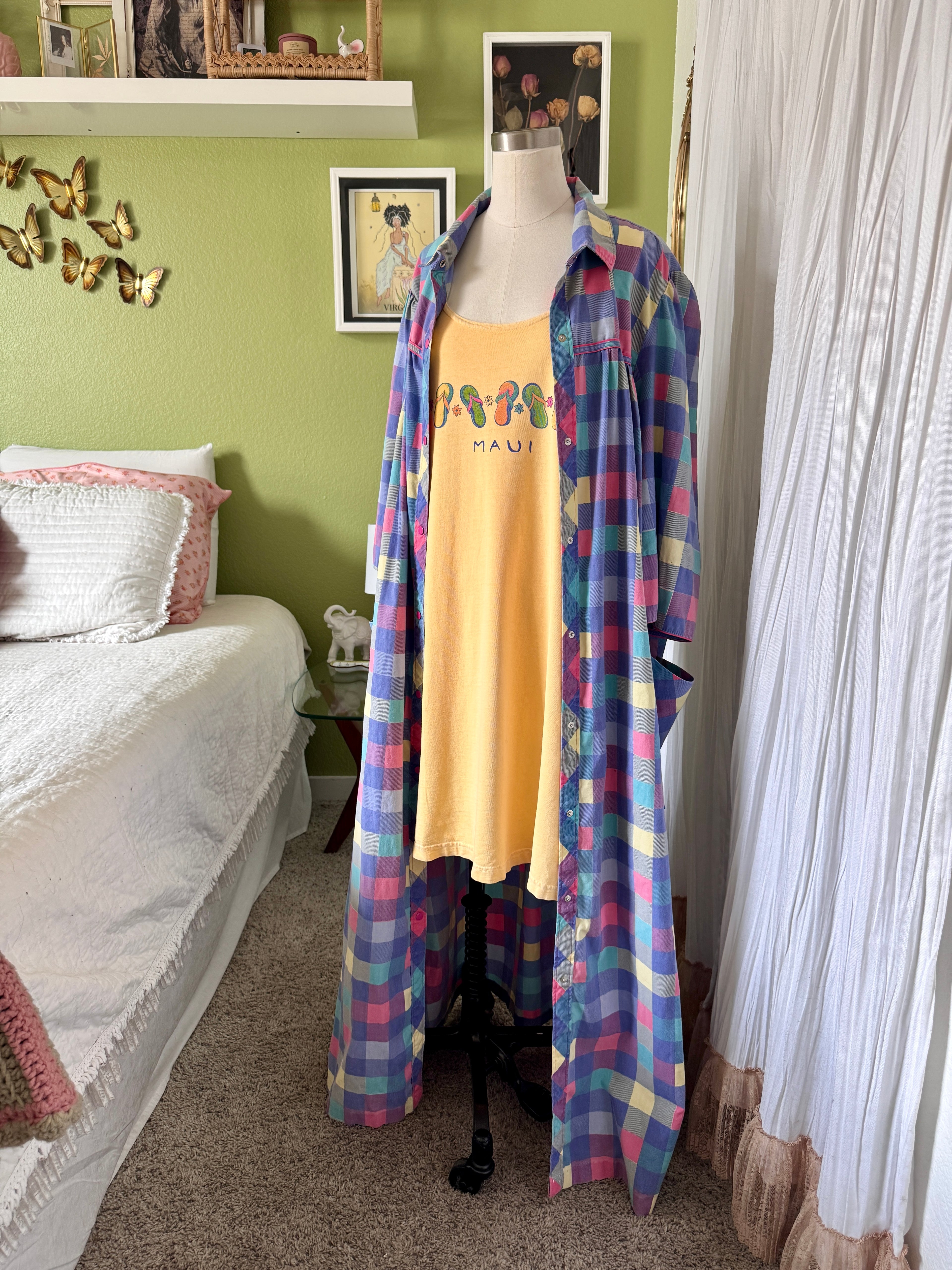 80s Purple Color Block Pearl Snap Duster Housecoat