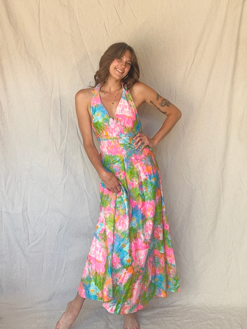 60s Handmade Dayglo Halter Maxi Dress