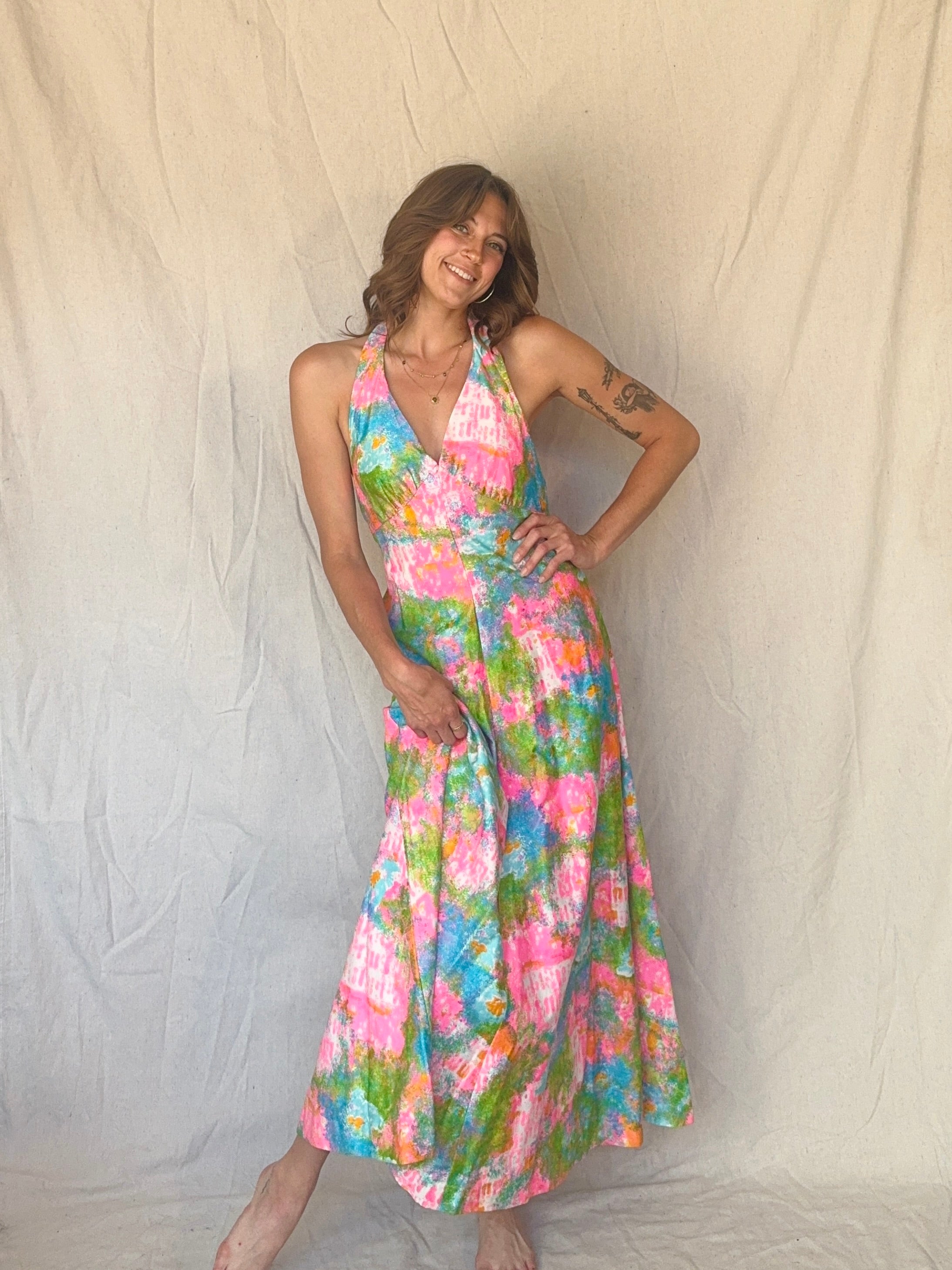 60s Handmade Dayglo Halter Maxi Dress