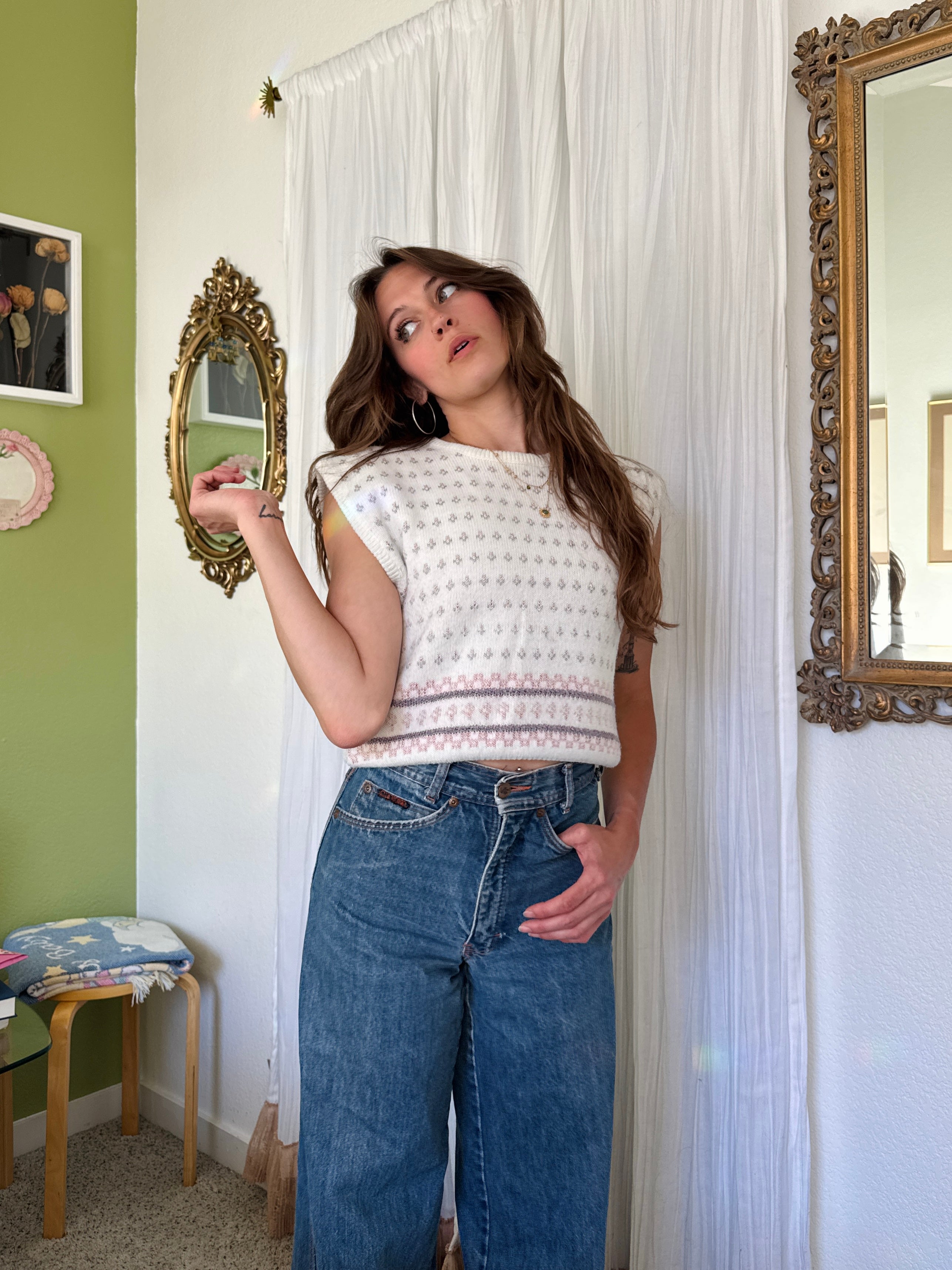 80s Cream Floral Knit Sweater Vest