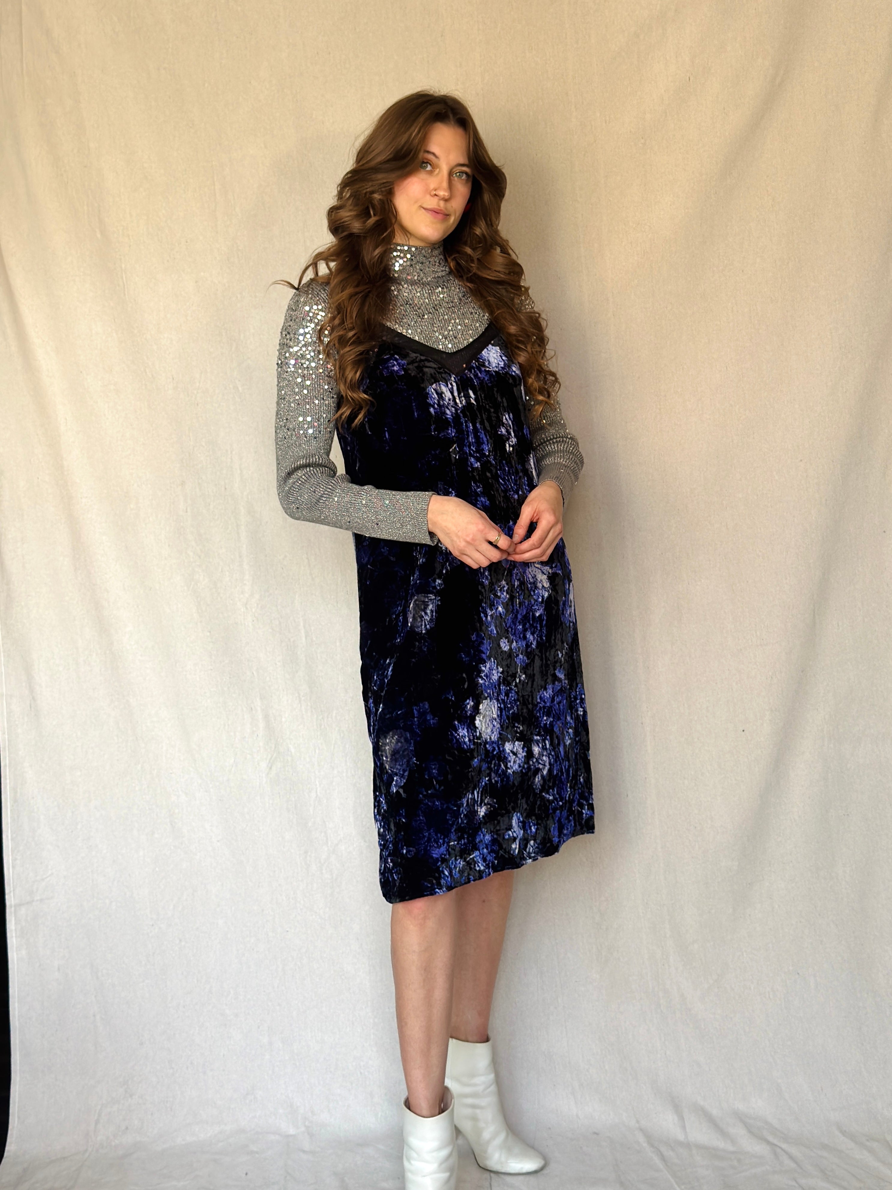 Y2K Crushed Velvet Floral Slip Dress