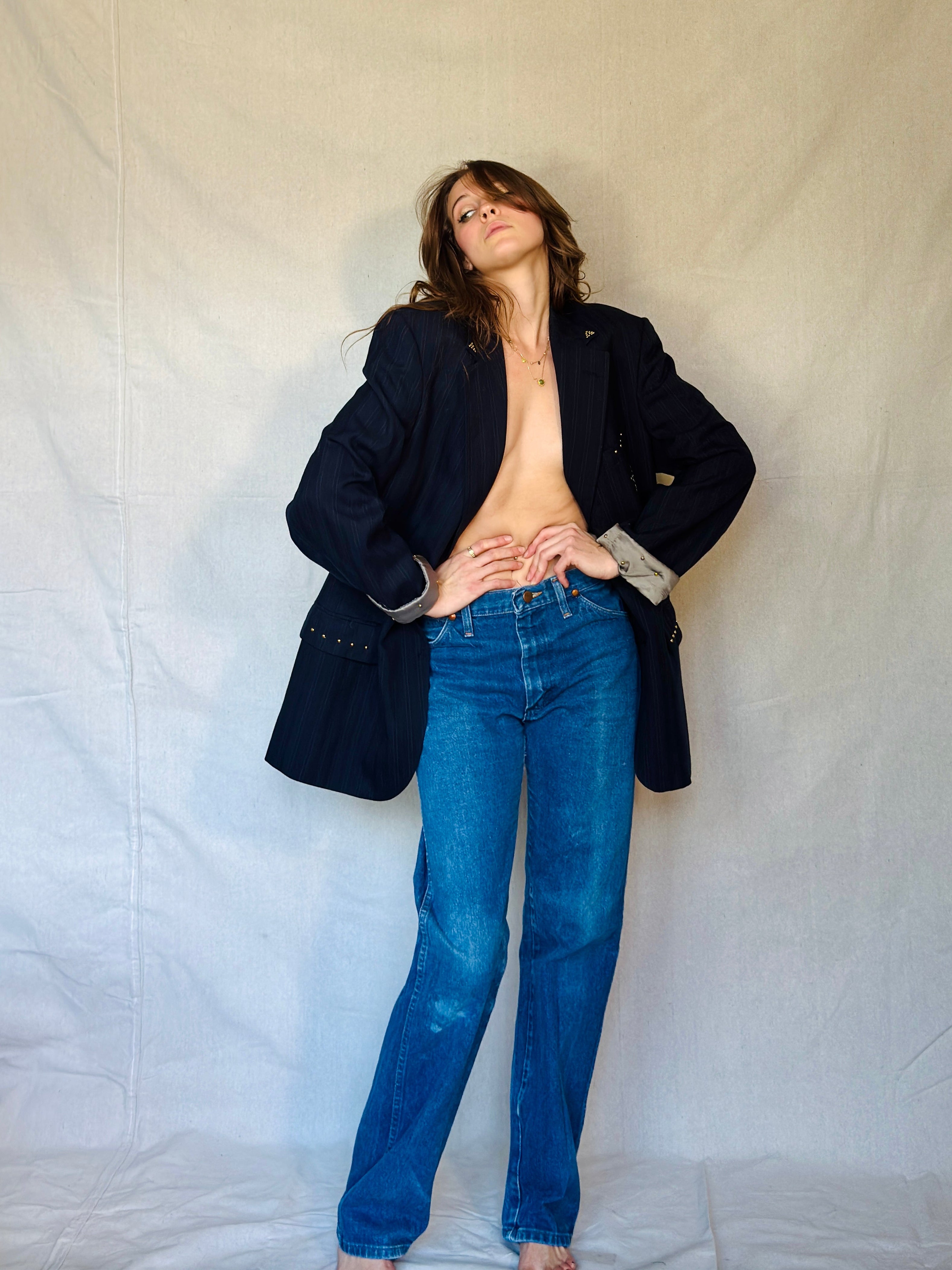 70s Star Studded Johnny Carson Navy Pinstripe Suit Jacket