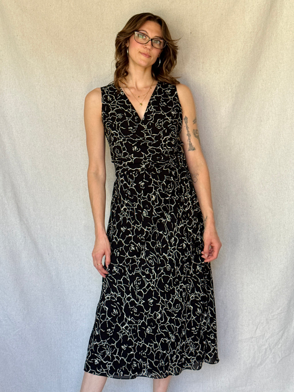 90s Black Floral Sleeveless Wrap Dress