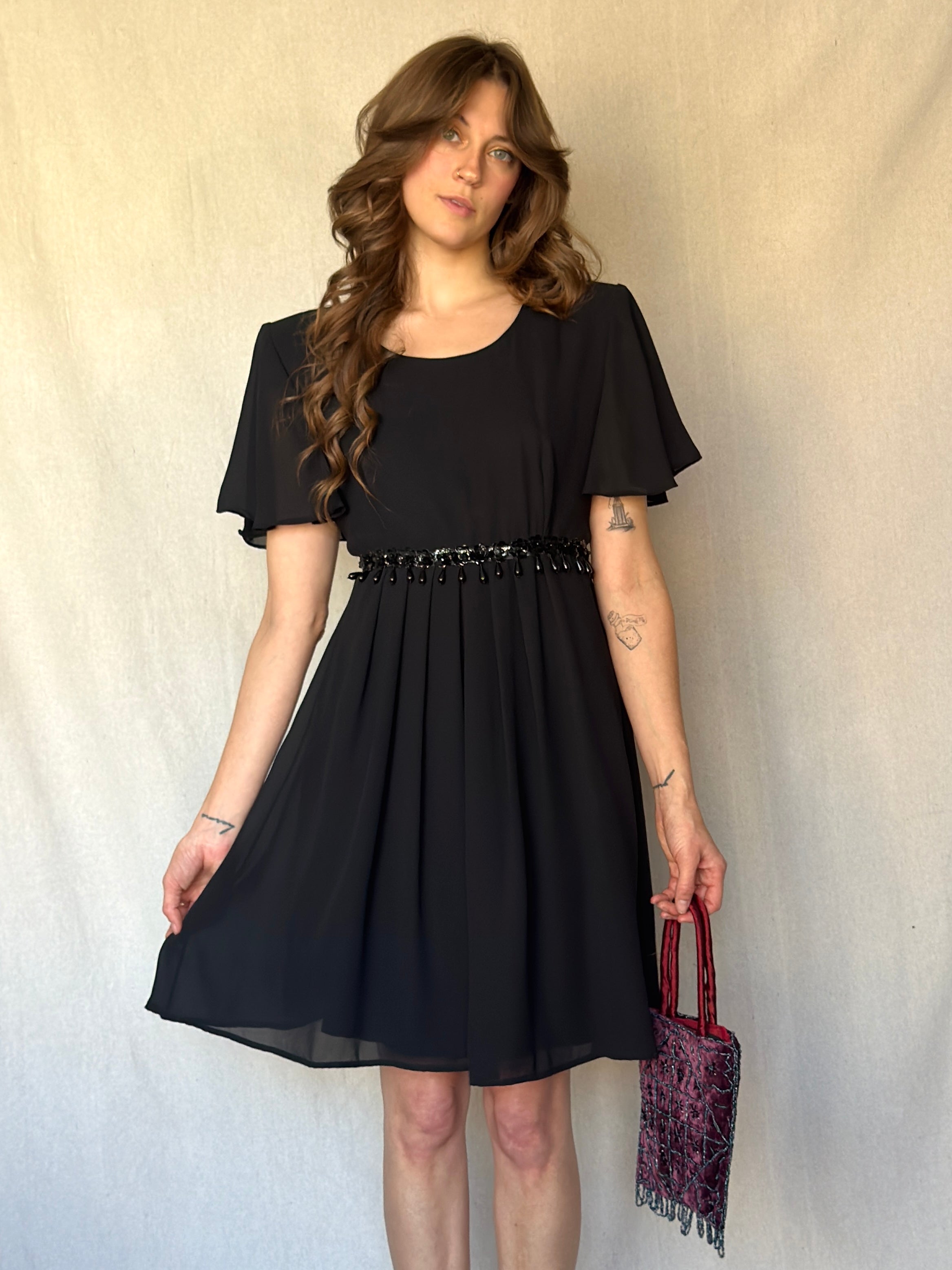 90s Mini Black Beaded Babydoll Dress
