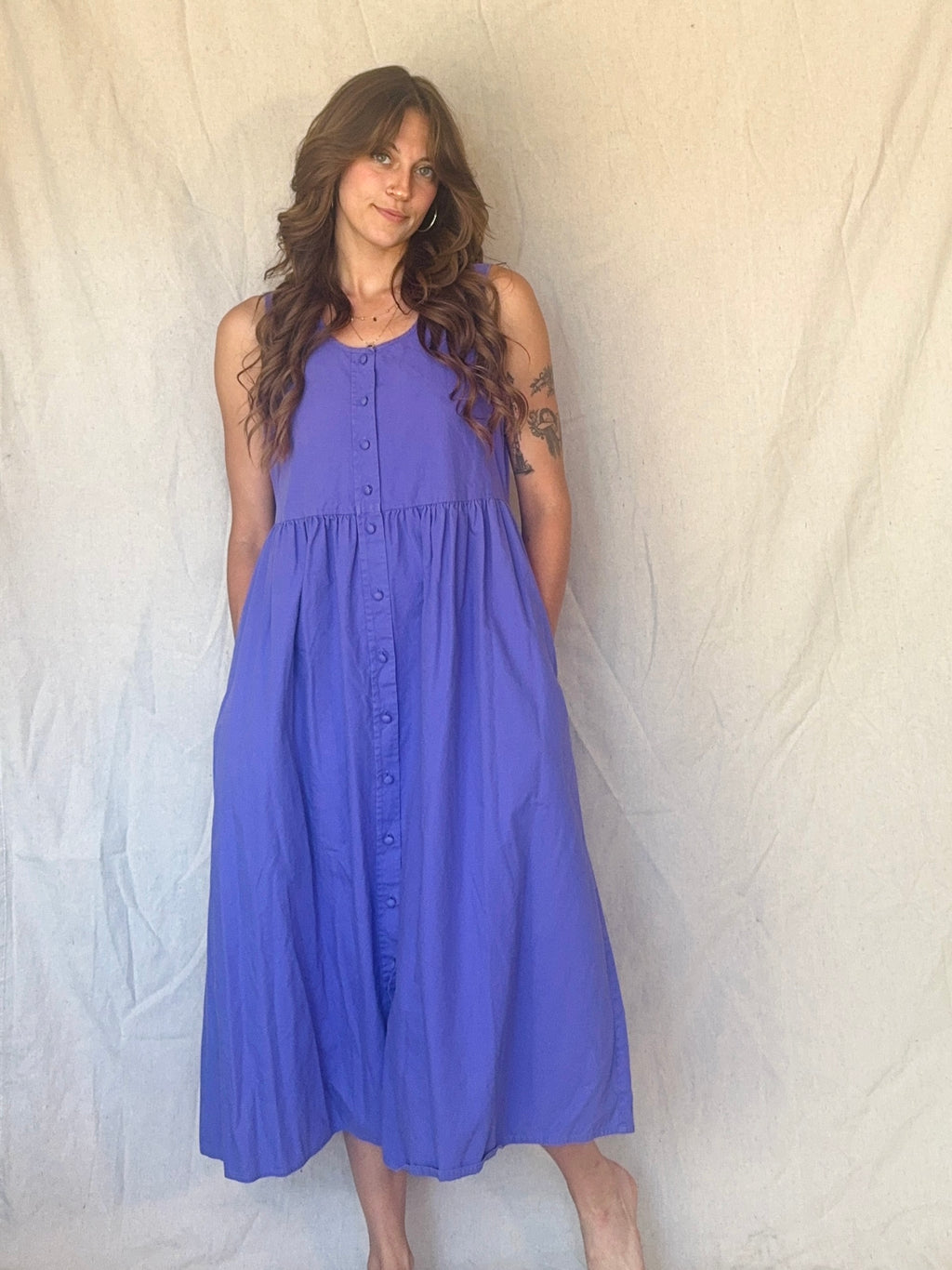 80s Periwinkle Purple Cotton Button Up Pinafore Jumper Dress